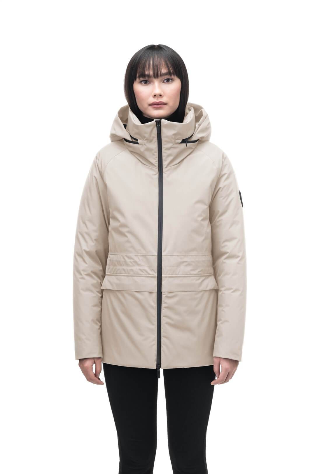 Litho Ladies Short Parka in hip length, Canadian duck down insulation, tuckable waterproof hood, and two-way zipper, in Clay