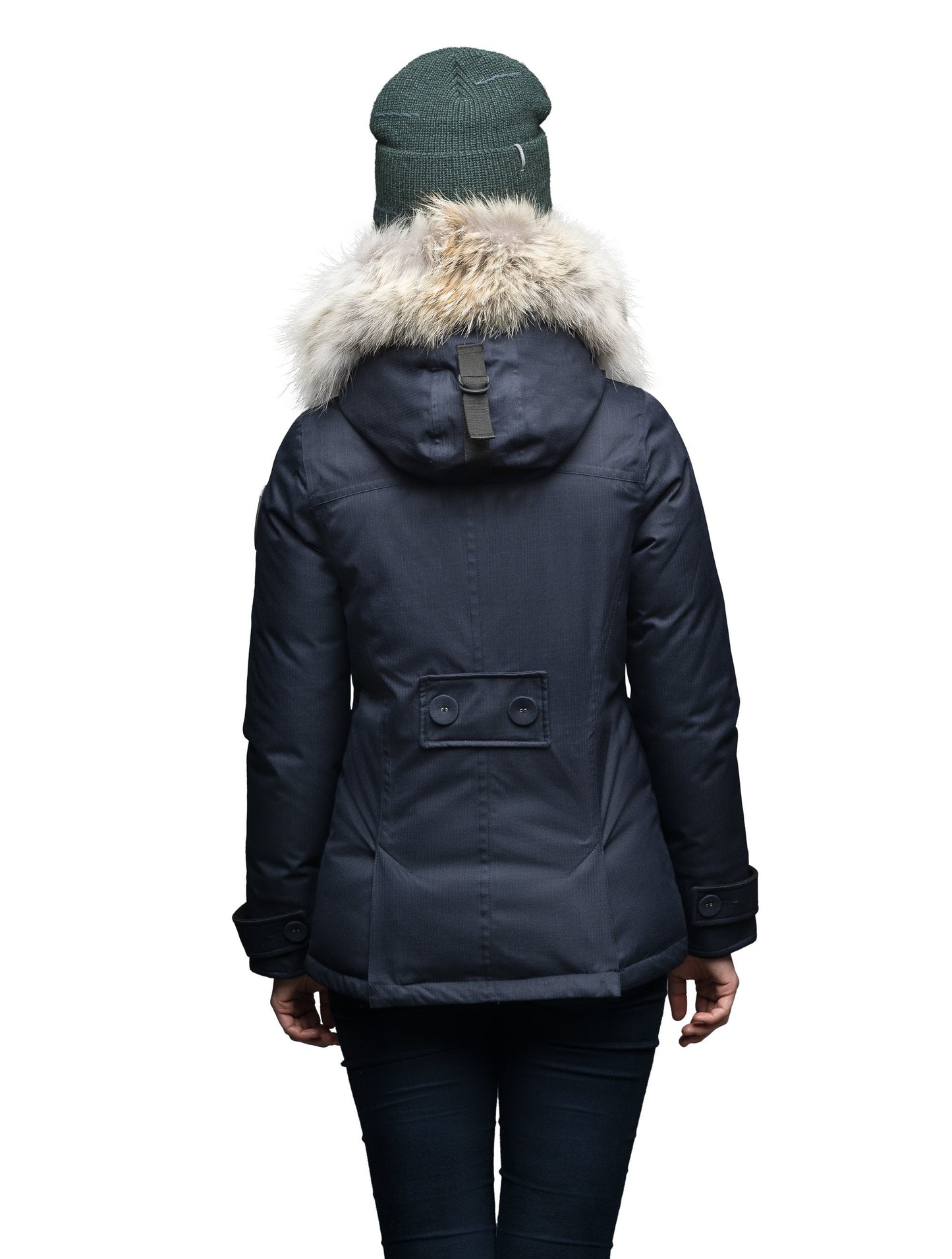 Women's down filled waist length parka with removable fur trim and removable hood in CH Navy