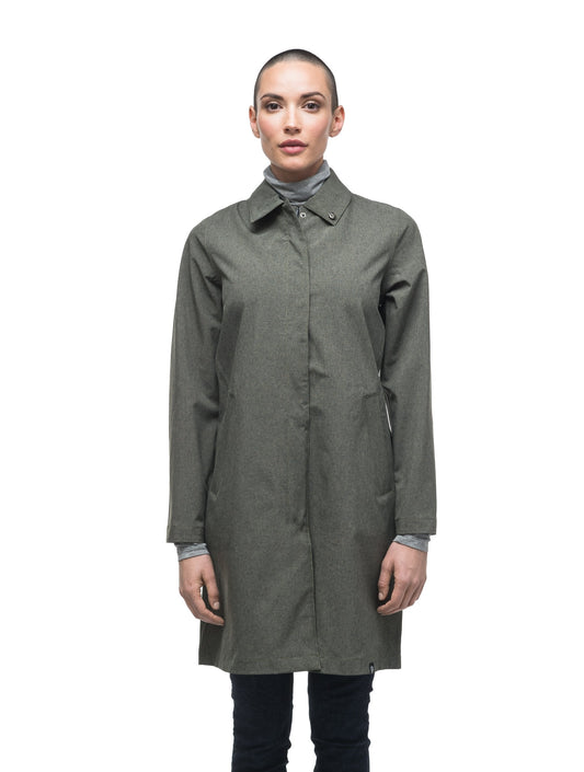 Women's thigh length collared rain jacket in Army Green