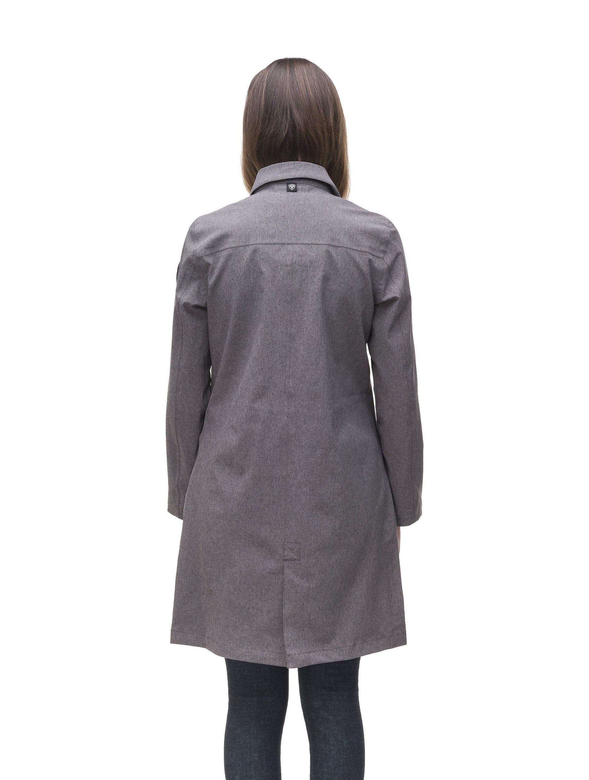 Women's thigh length collared rain jacket in Dk Grey