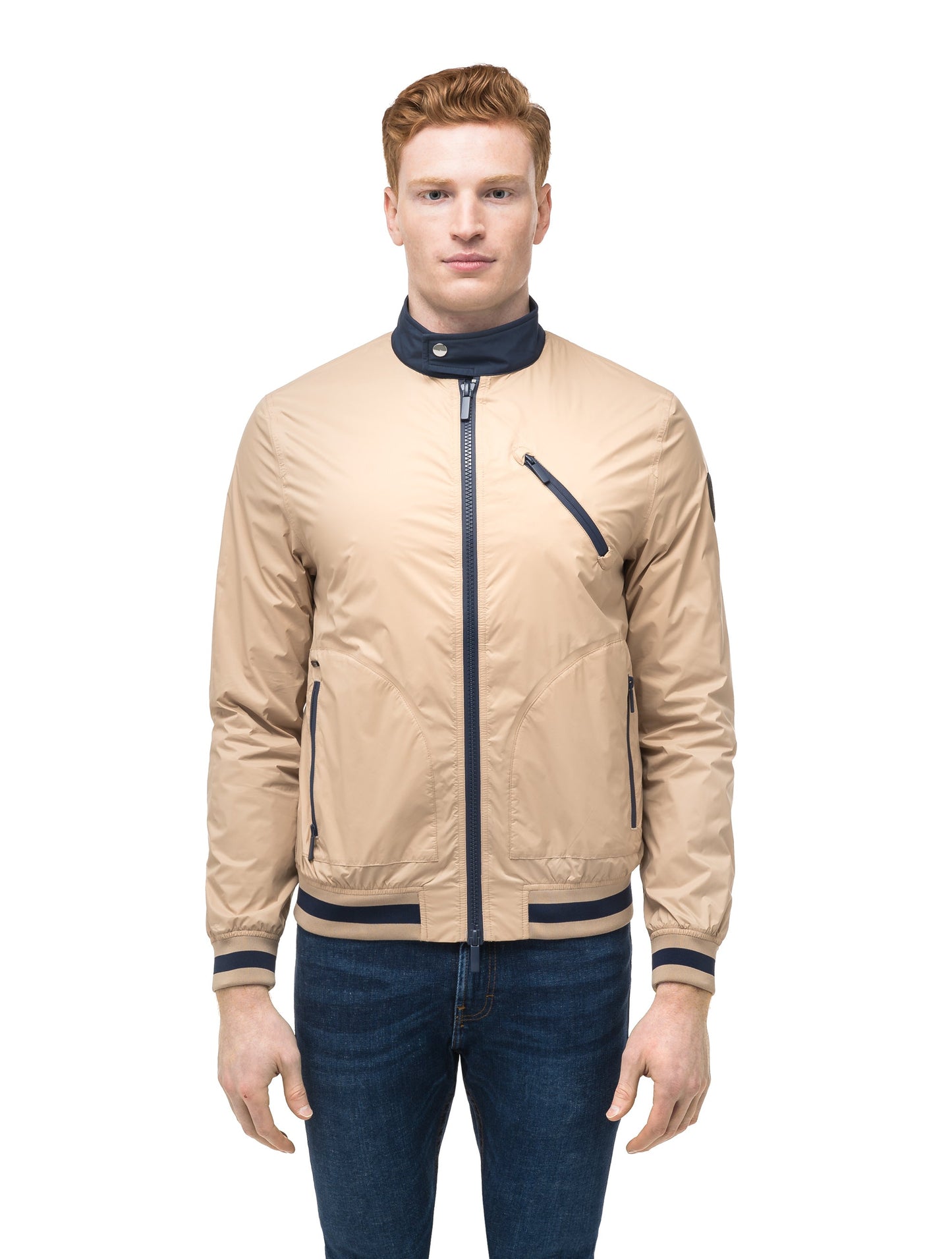 Men's lightweight taffeta bomber jacket with dark contrast trim in Fawn