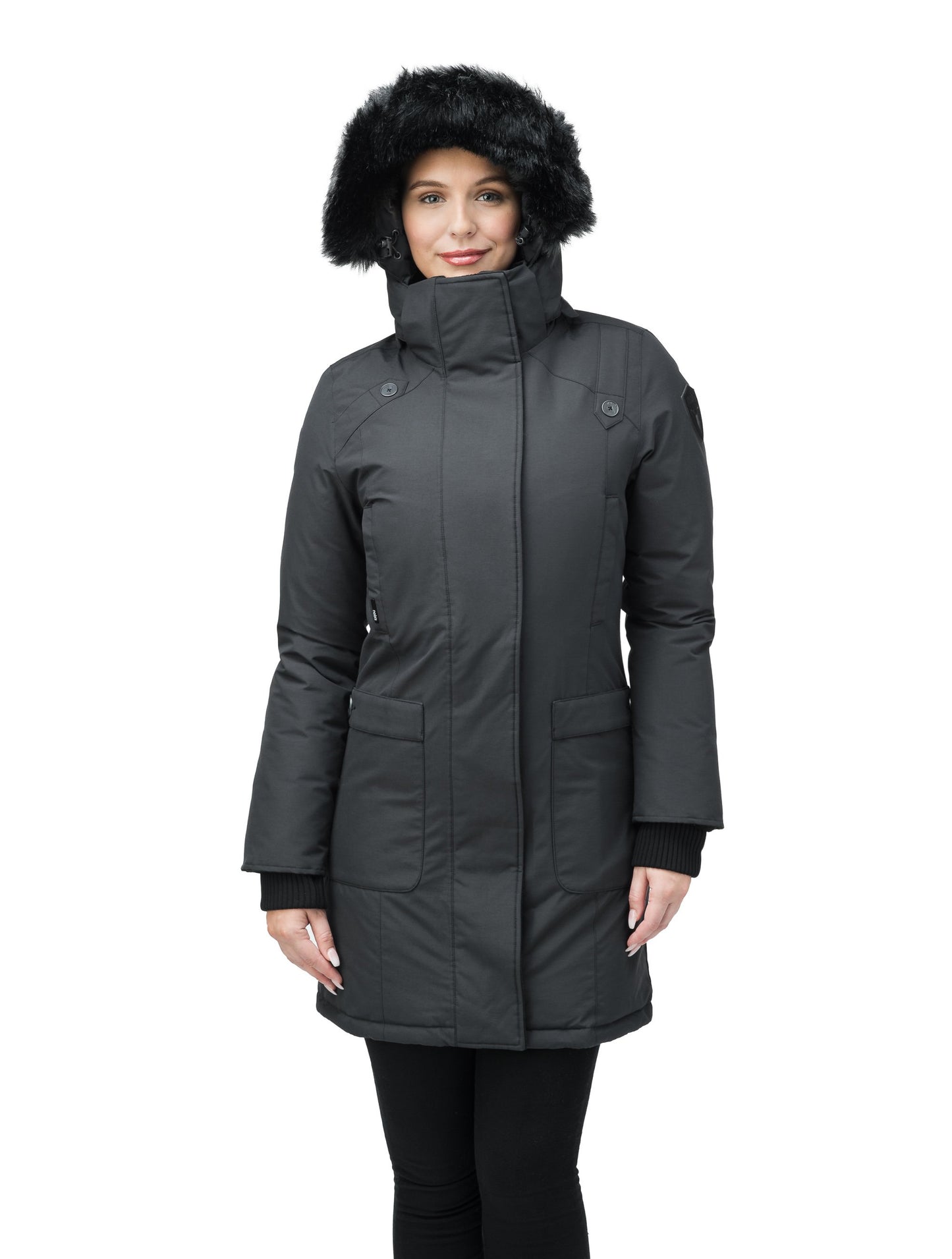 Women's thigh length down parka with removable hood and faux fur trim in Black