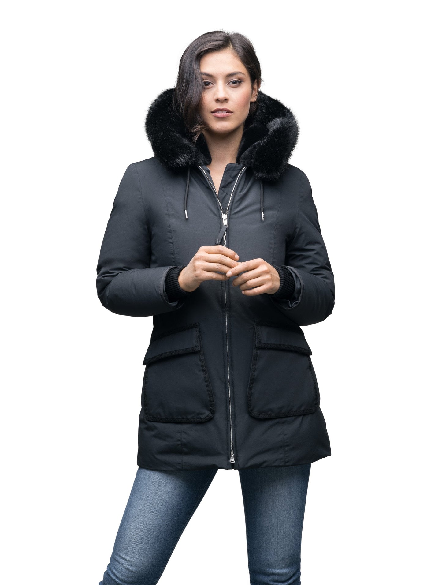 Women's hip length down parka with tonal fur trim in Cy Black