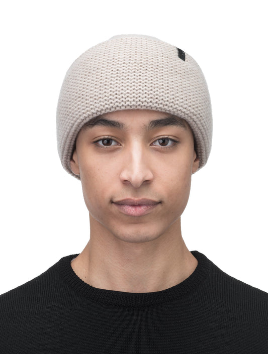 Mira Unisex Purl Knit Beanie in superfine merino wool and cashmere, and Nobis leather label at cuff, in Khaki