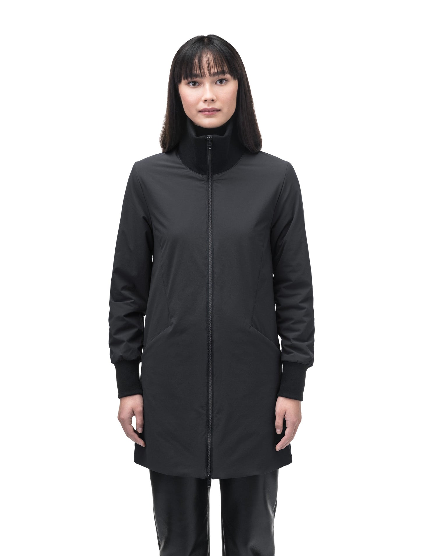 Mora Ladies Mid Layer Rib Neck Jacket in thigh length, Primaloft insulation, ribbing at collar and cuffs, and two-way front zipper, in Black