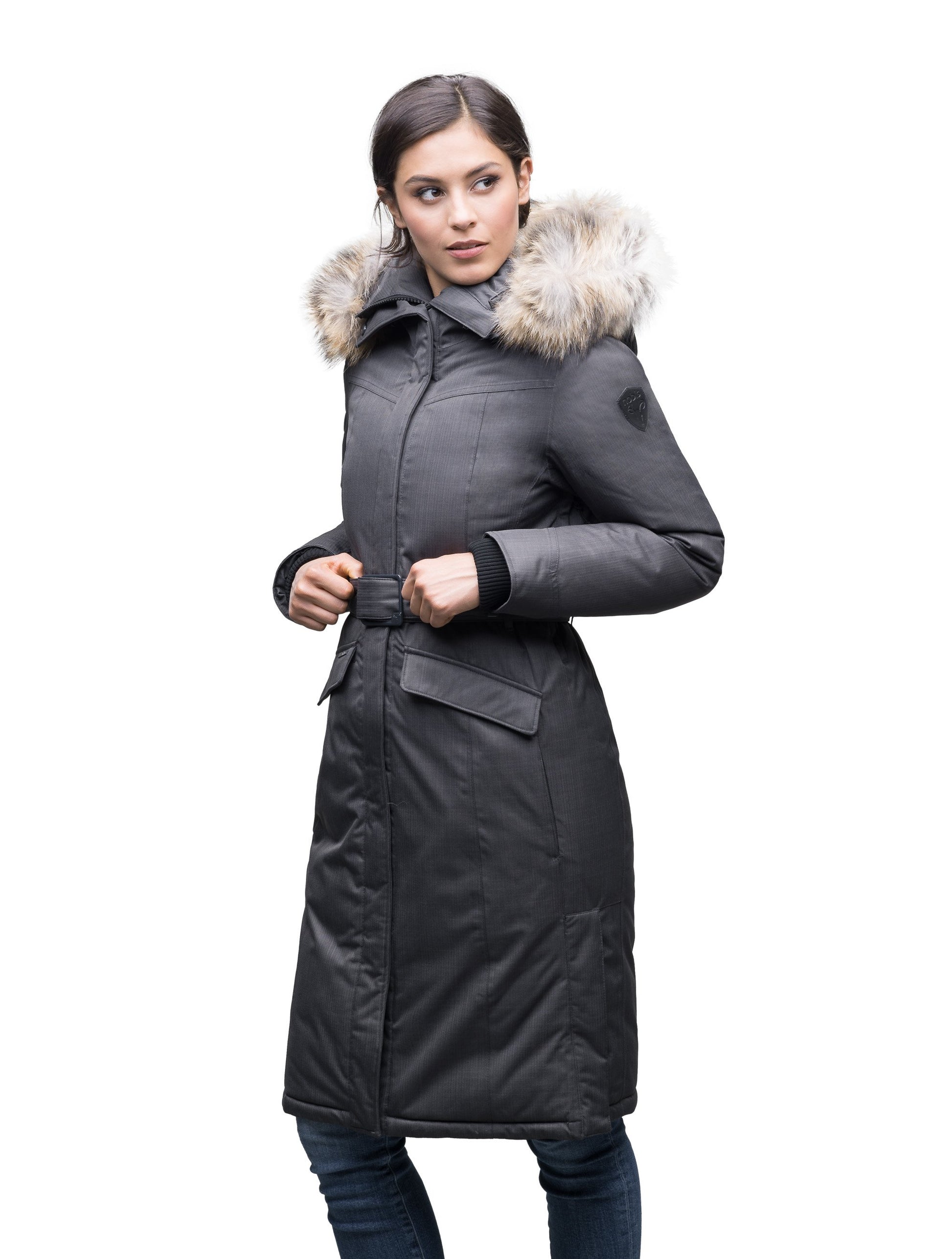 Women's maxi down filled parka with calf length hem in CH Steel Grey