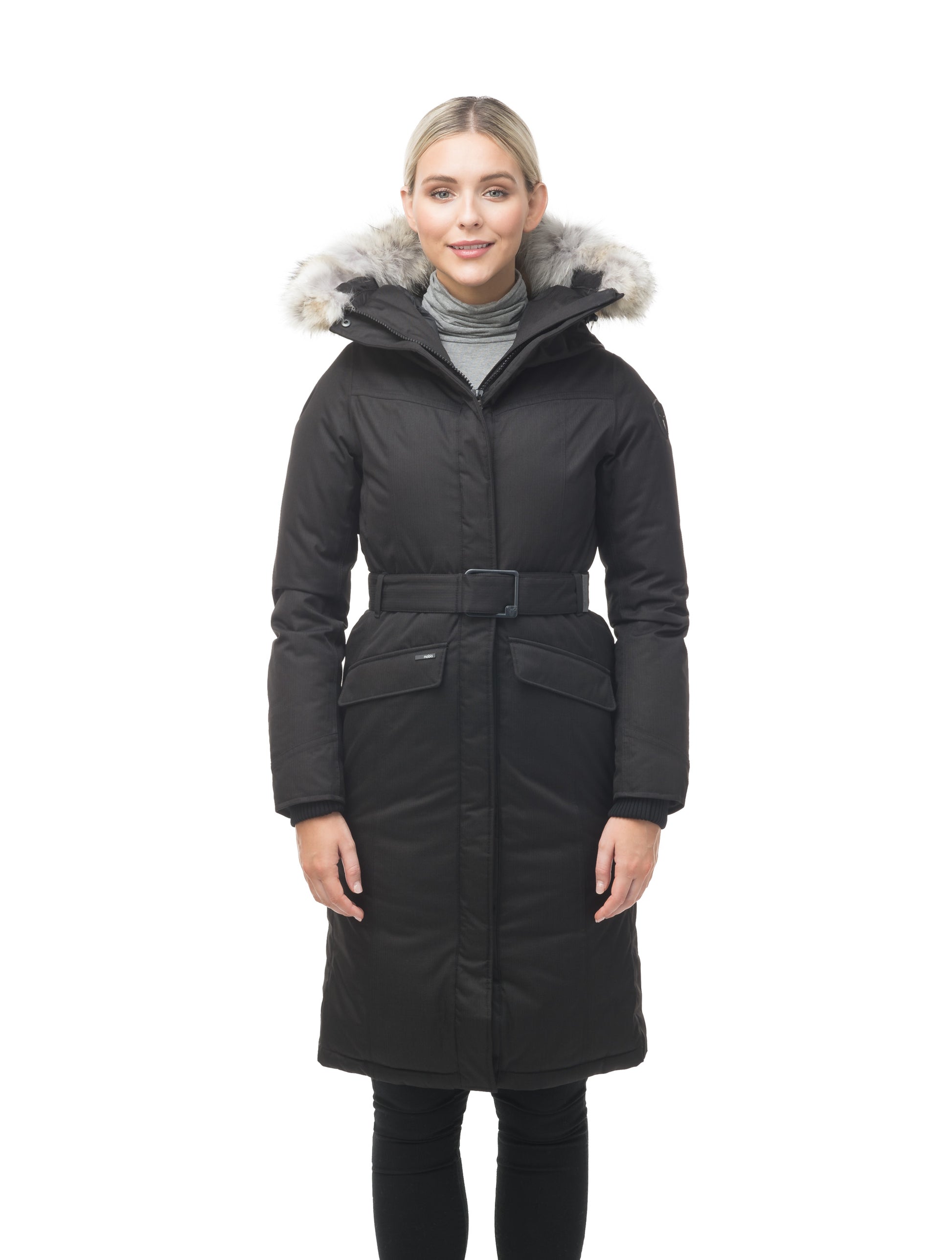 Women's maxi down filled parka with calf length hem in CH Black
