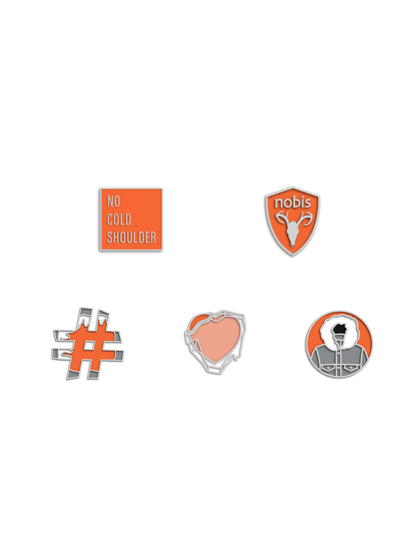 Set of five enamel pins that include an orange square with no cold shoulder printed in the center, and orange nobis logo shield, and orange and grey hashtag, an orange heart with ice over it and a orange and grey circle parka Pin Pack