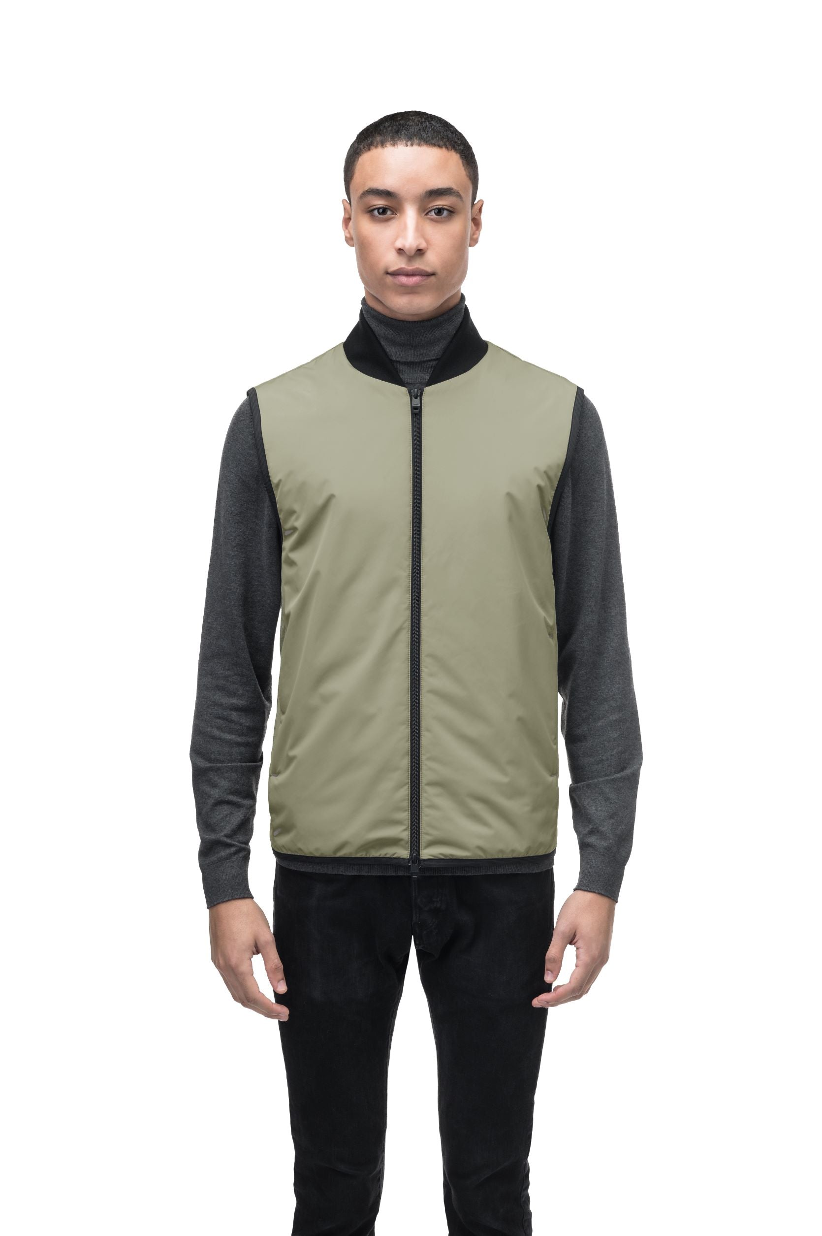 Neo Men's Mid Layer Vest in hip length, Primaloft Gold Insulation Active+, and two-way zipper, in Tea