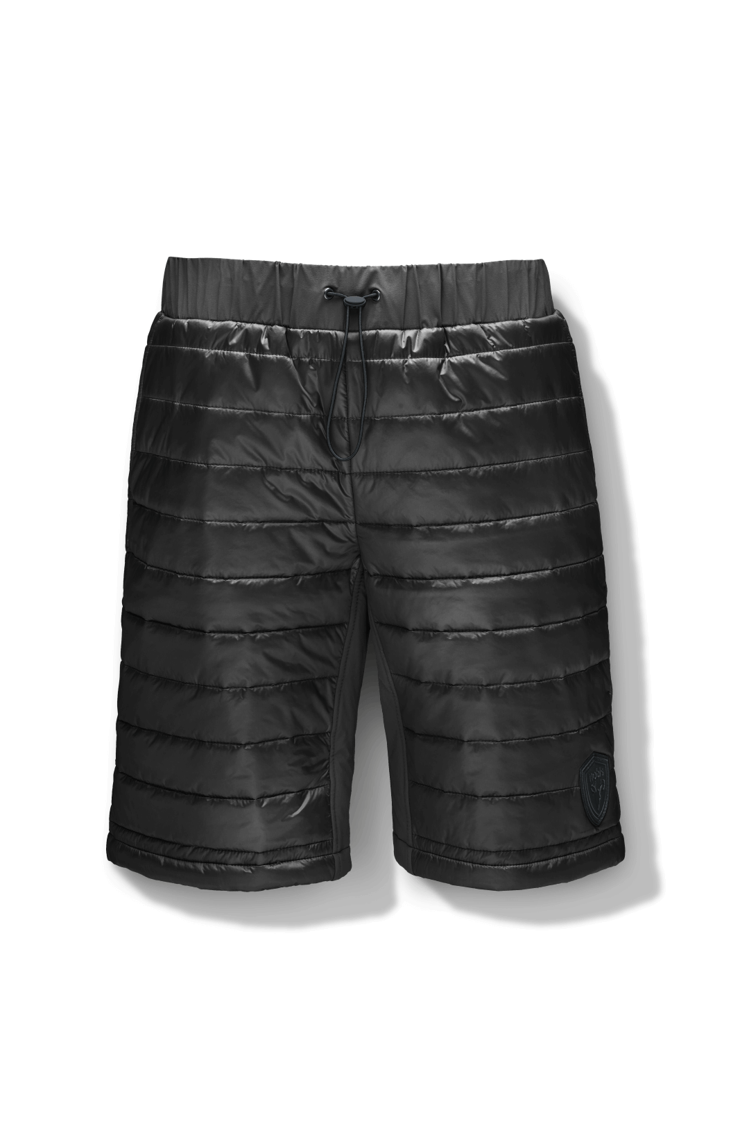 Decker Men's Performance Quilted Shorts in knee length, premium cire technical nylon taffeta and stretch nylon fabrication, premium 4-way stretch, water-resistant Primaloft Gold Insulation Active+, side seam pockets, invisible zipper back pokcet, elasticized waist with drawcords, and hidden drawcord at leg hems, in Black