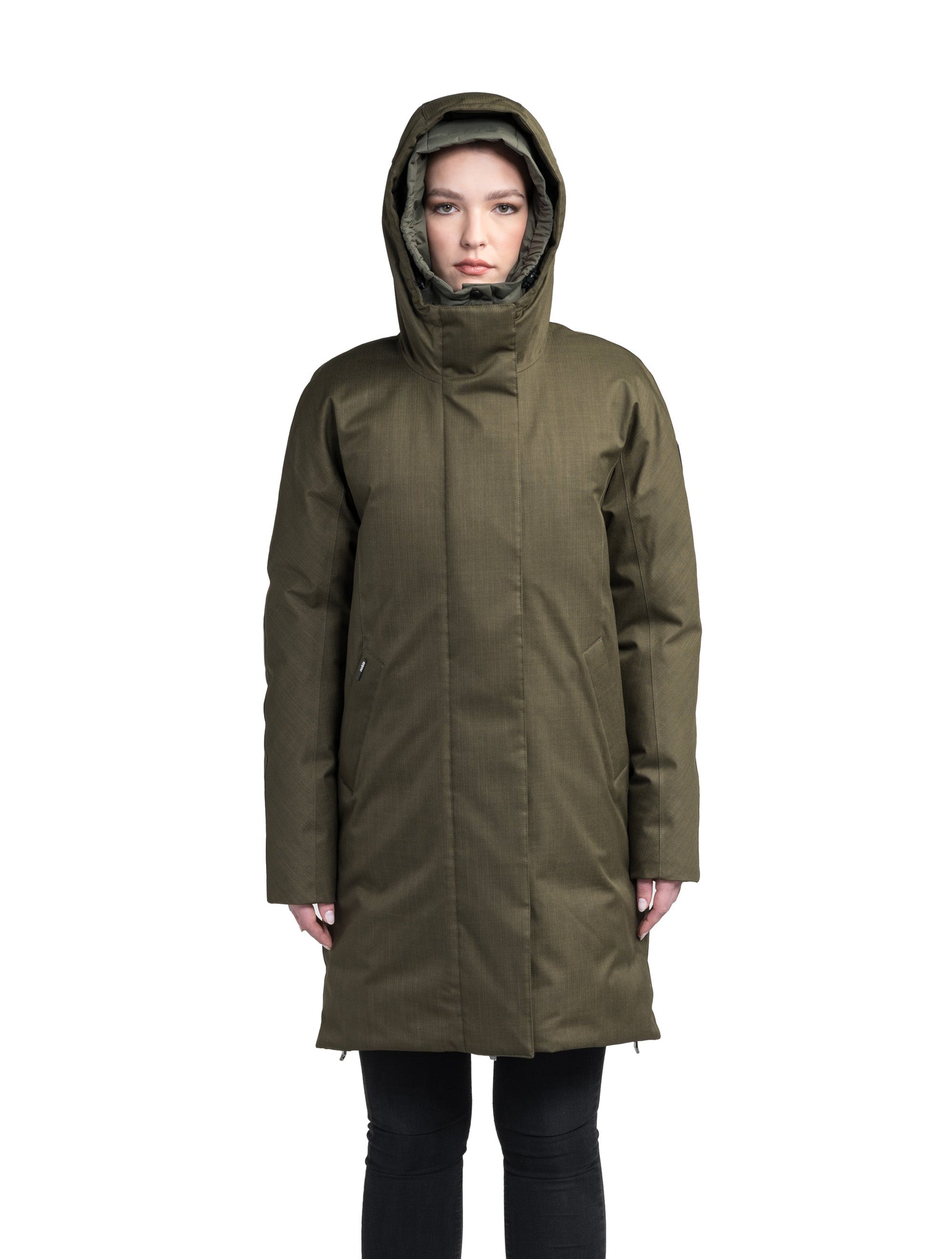 Dory Women's Tailored Back Zip Parka in knee length, premium Crosshatch fabrication, Premium Canadian White Duck Down insulation, non-removable down-filled hood, removable interior hood, centre front two-way zipper with wind flap, vertical zipper detailing along back, in Fatigue