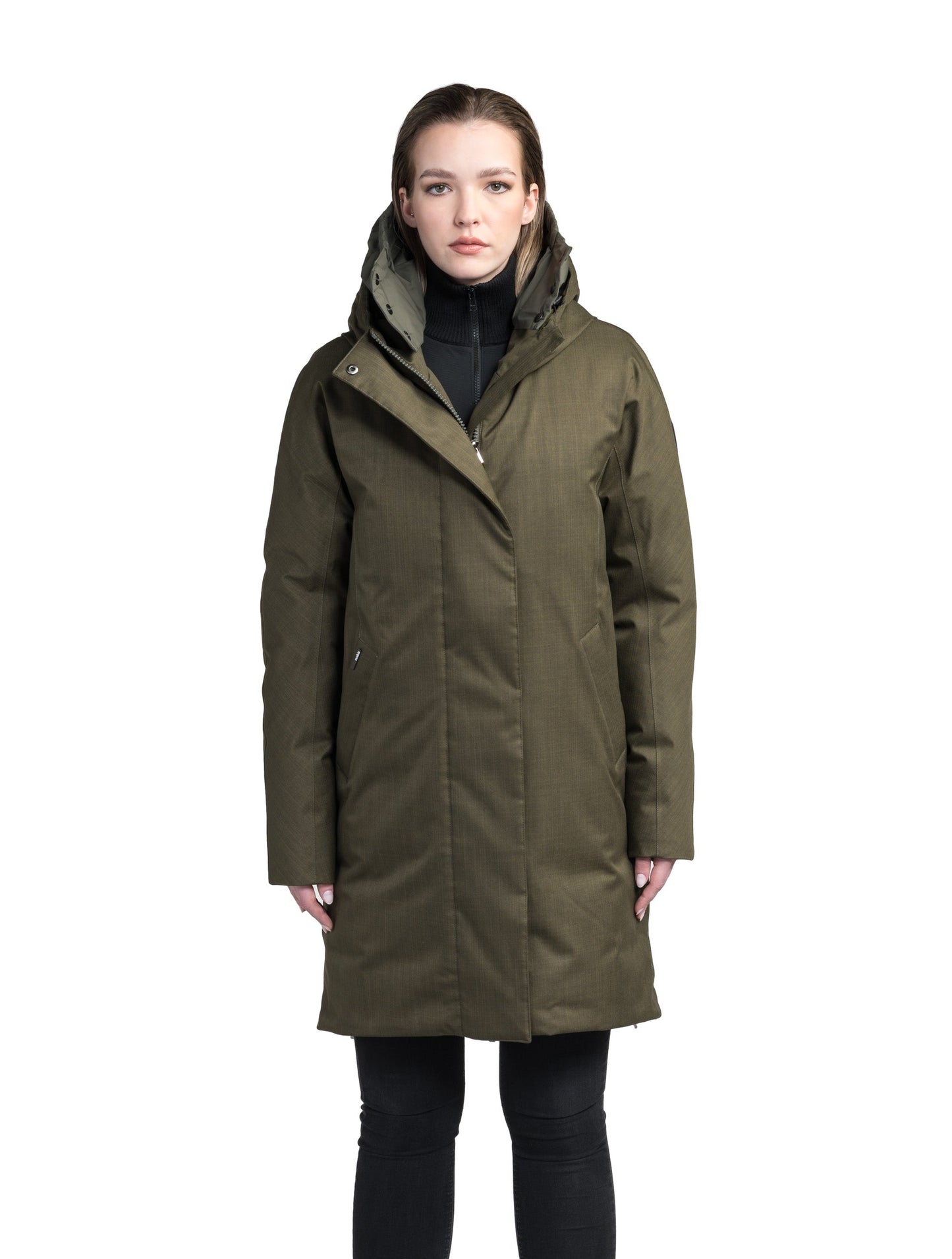 Dory Women's Tailored Back Zip Parka in knee length, premium Crosshatch fabrication, Premium Canadian White Duck Down insulation, non-removable down-filled hood, removable interior hood, centre front two-way zipper with wind flap, vertical zipper detailing along back, in Fatigue