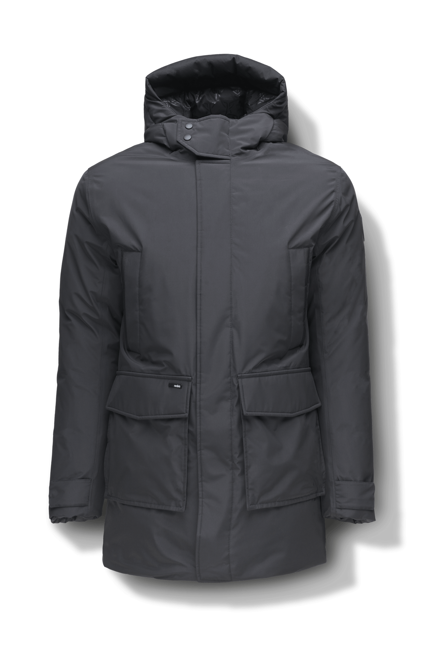 Kason Men's Light Down Parka in thigh length, premium 3-ply micro denier and stretch ripstop fabrication, Premium Canadian origin White Duck Down insulation, non-removable down-filled hood, two-way centre-front zipper, magnetic closure wind flap, fleece-lined pockets at chest and waist, flap pockets at waist, pit zipper vents, in Black