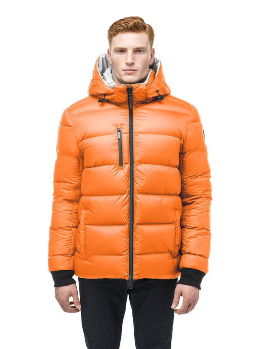 Hip length, reversible men's down filled jacket with removable hood in Chalk/Atomic