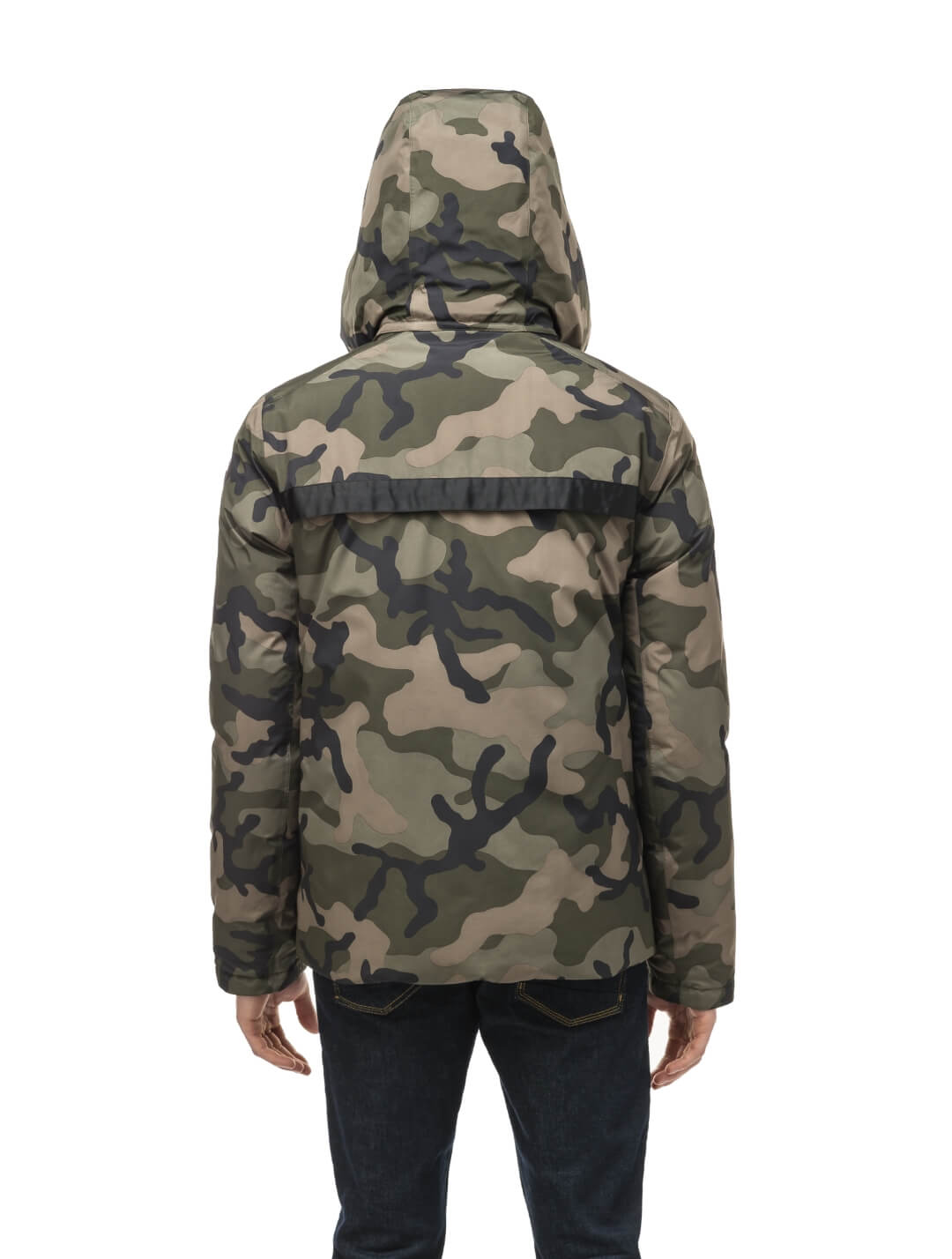 Hip length, reversible men's down filled jacket with removable hood in Camo