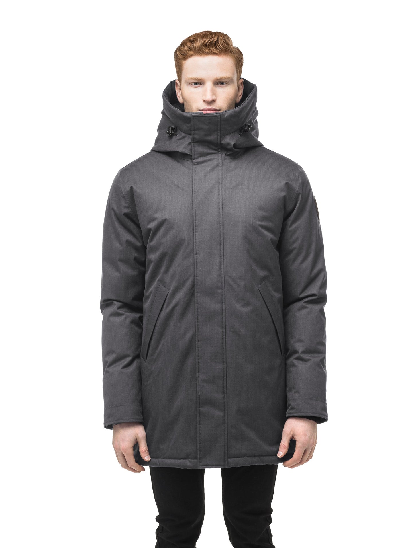 Pierre Men's Jacket in thigh length, Canadian white duck down insulation, non-removable down-filled hood, angled waist pockets, centre-front zipper with wind flap, and elastic ribbed cuffs, in Steel Grey