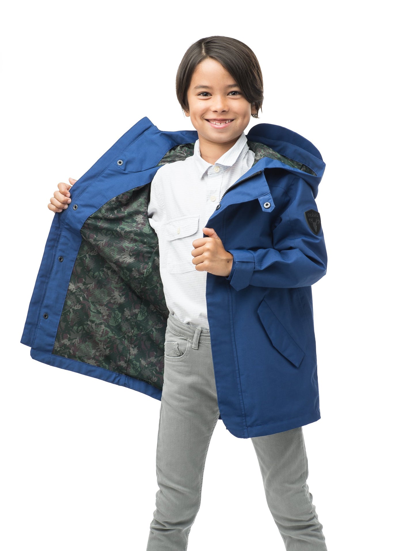 Kids' hip length raincoat with hood in Royal