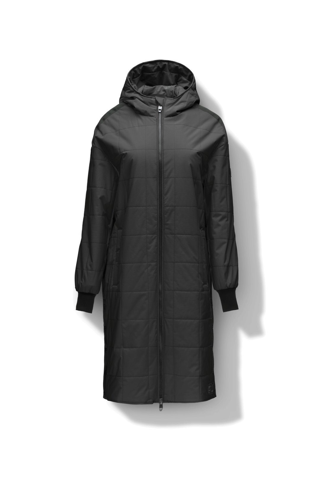 Radar Women's Performance Long Midlayer Jacket in long length, premium stretch ripstop and stretch Toray nylon fabrication, premium 4-way stretch, water resistant Primaloft Gold Insulation Active+, non-removable hood with adjustable draw cord, 2-way branded zipper at centre front, single welt pockets with magnetic closure at hips, elongated ribbed cuffs, grosgrain ribbon detail at shoulder and side seams, and snap closure side seam vent, in Black