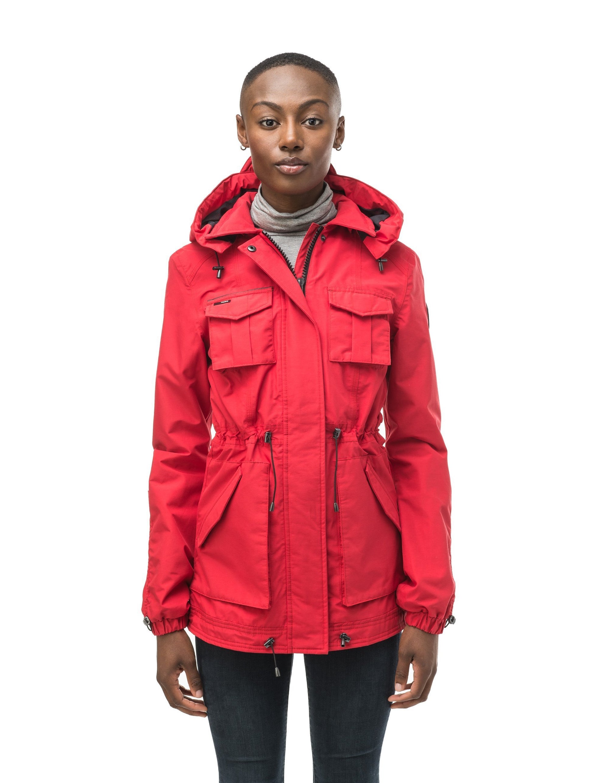 Women's hooded shirt jacket with four front pockets and adjustable waist in Red