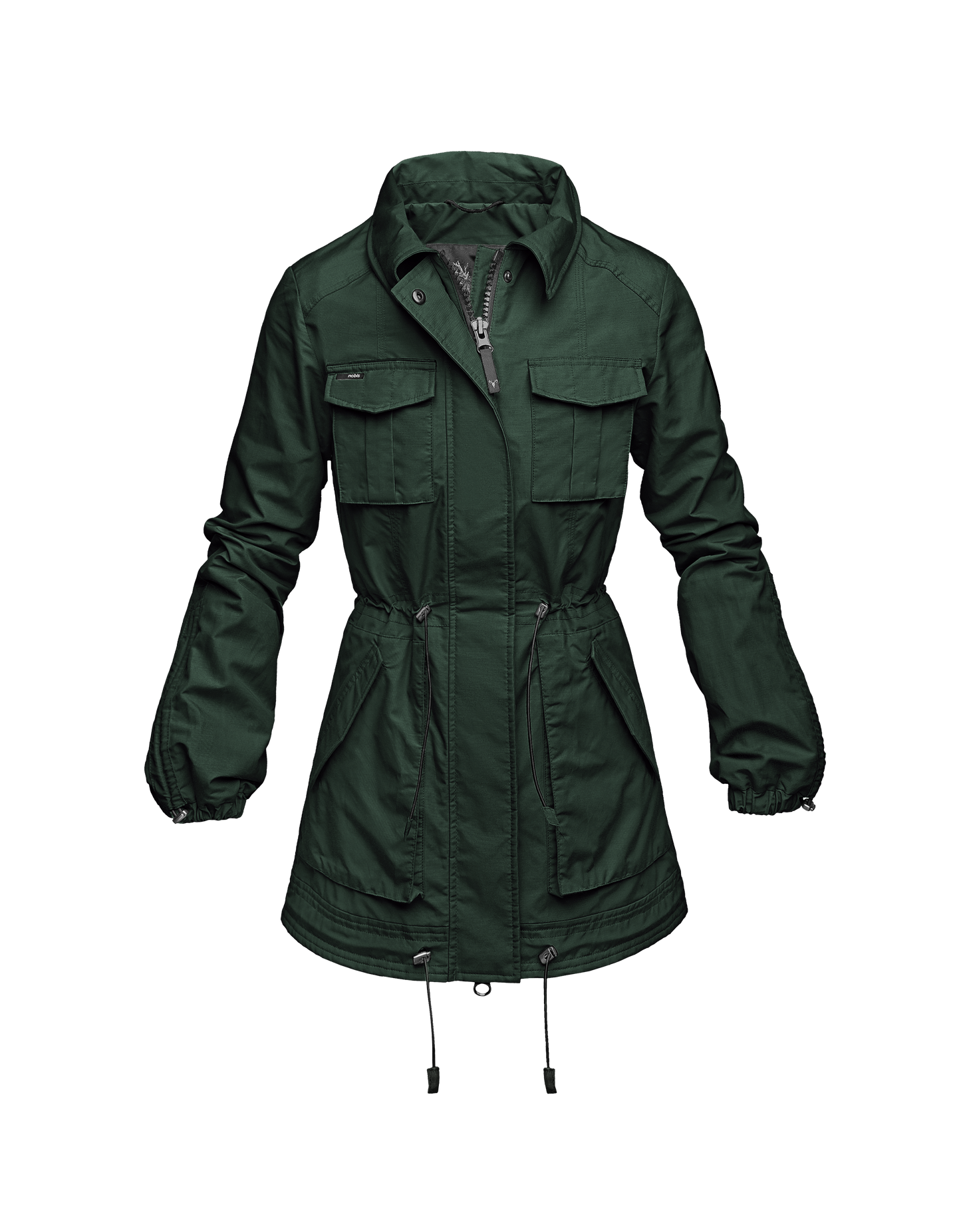 Women's hooded shirt jacket with four front pockets and adjustable waist in Olive