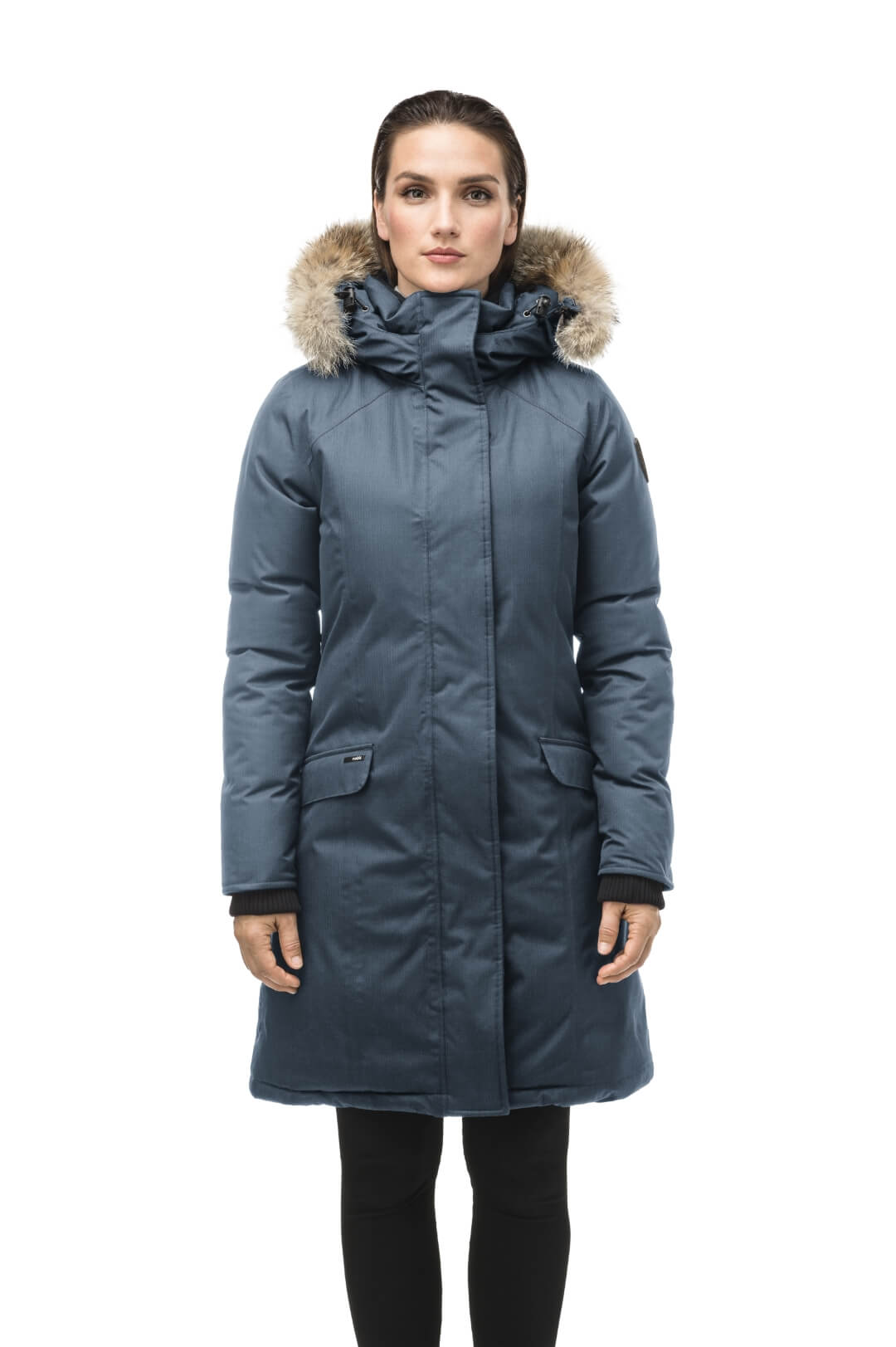 Rebecca Women's Parka in knee length, Canadian duck down insulation, two-way zipper with magnetic front placket, non-removable hood with removable coyote fur trim, in Balsam