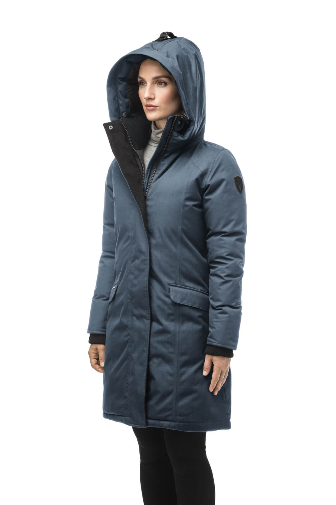 Rebecca Women's Parka in knee length, Canadian duck down insulation, two-way zipper with magnetic front placket, non-removable hood with removable coyote fur trim, in Balsam