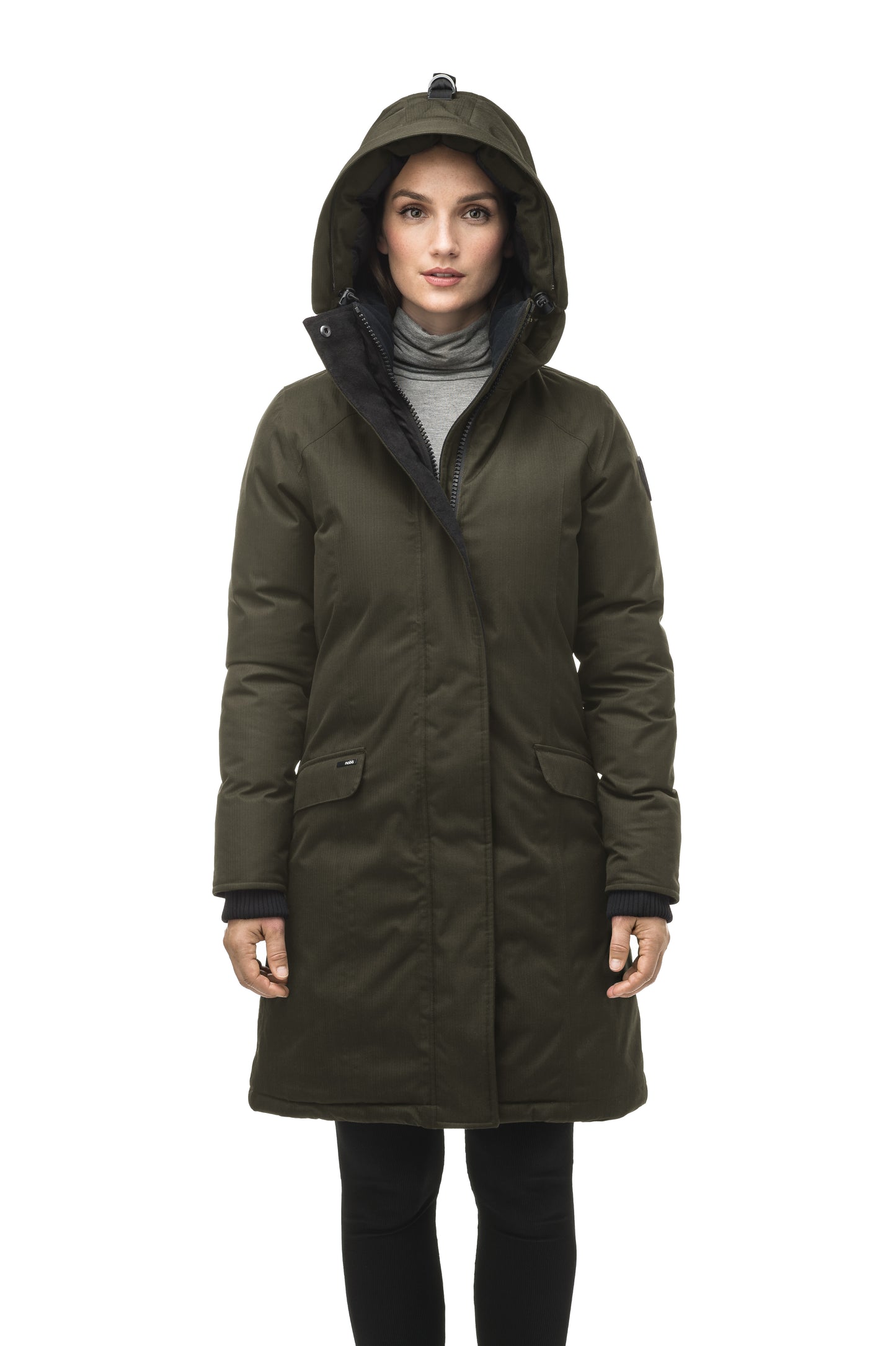 Rebecca Women's Parka in knee length, Canadian duck down insulation, two-way zipper with magnetic front placket, non-removable hood with removable coyote fur trim, in Fatigue