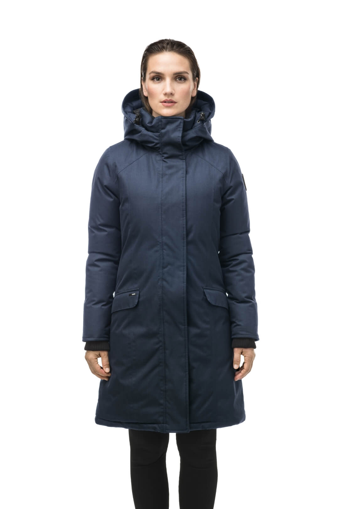 Rebecca Women's Parka in knee length, Canadian duck down insulation, two-way zipper with magnetic front placket, non-removable hood with removable coyote fur trim, in Navy