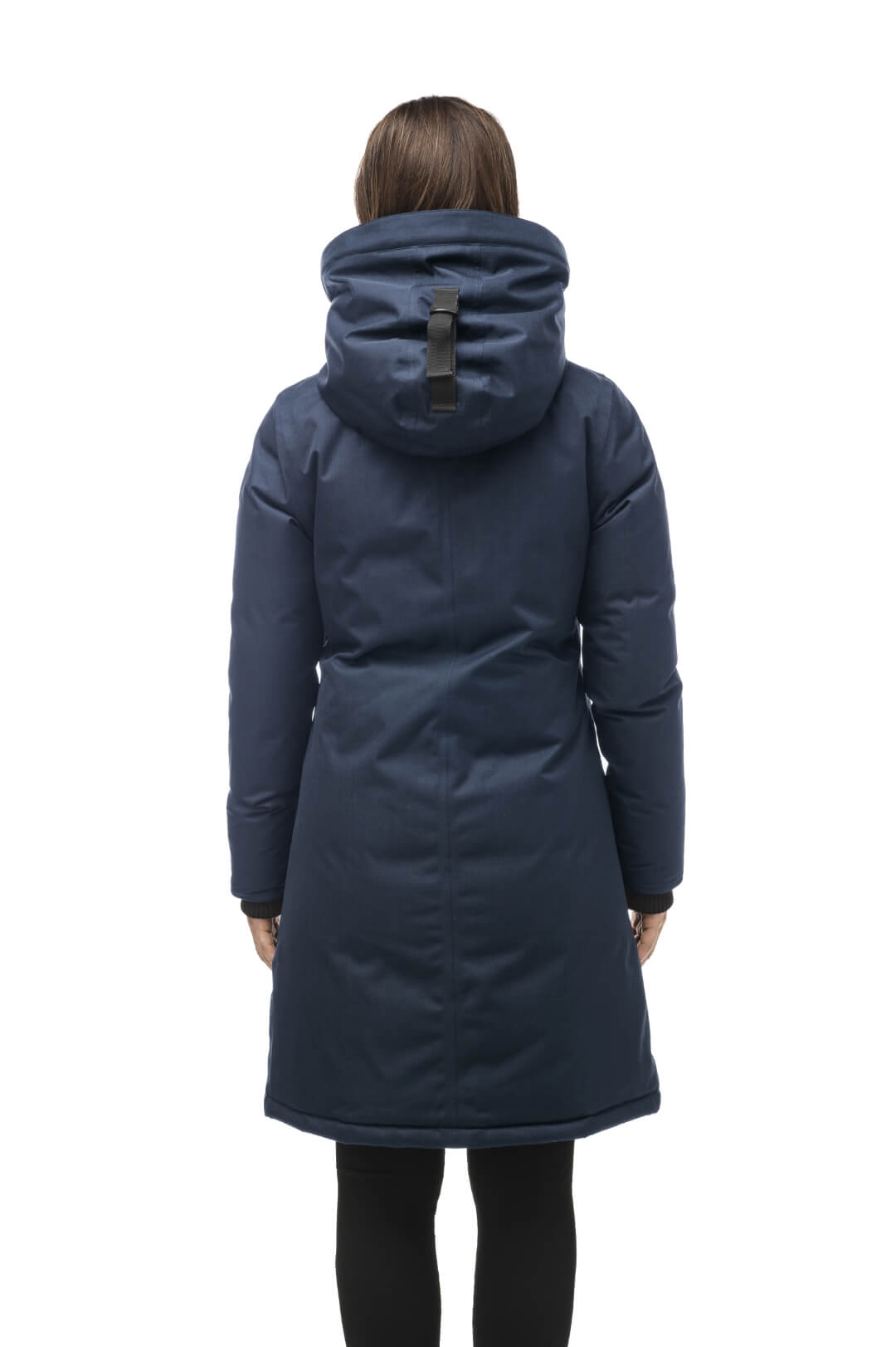 Rebecca Women's Parka in knee length, Canadian duck down insulation, two-way zipper with magnetic front placket, non-removable hood with removable coyote fur trim, in Navy