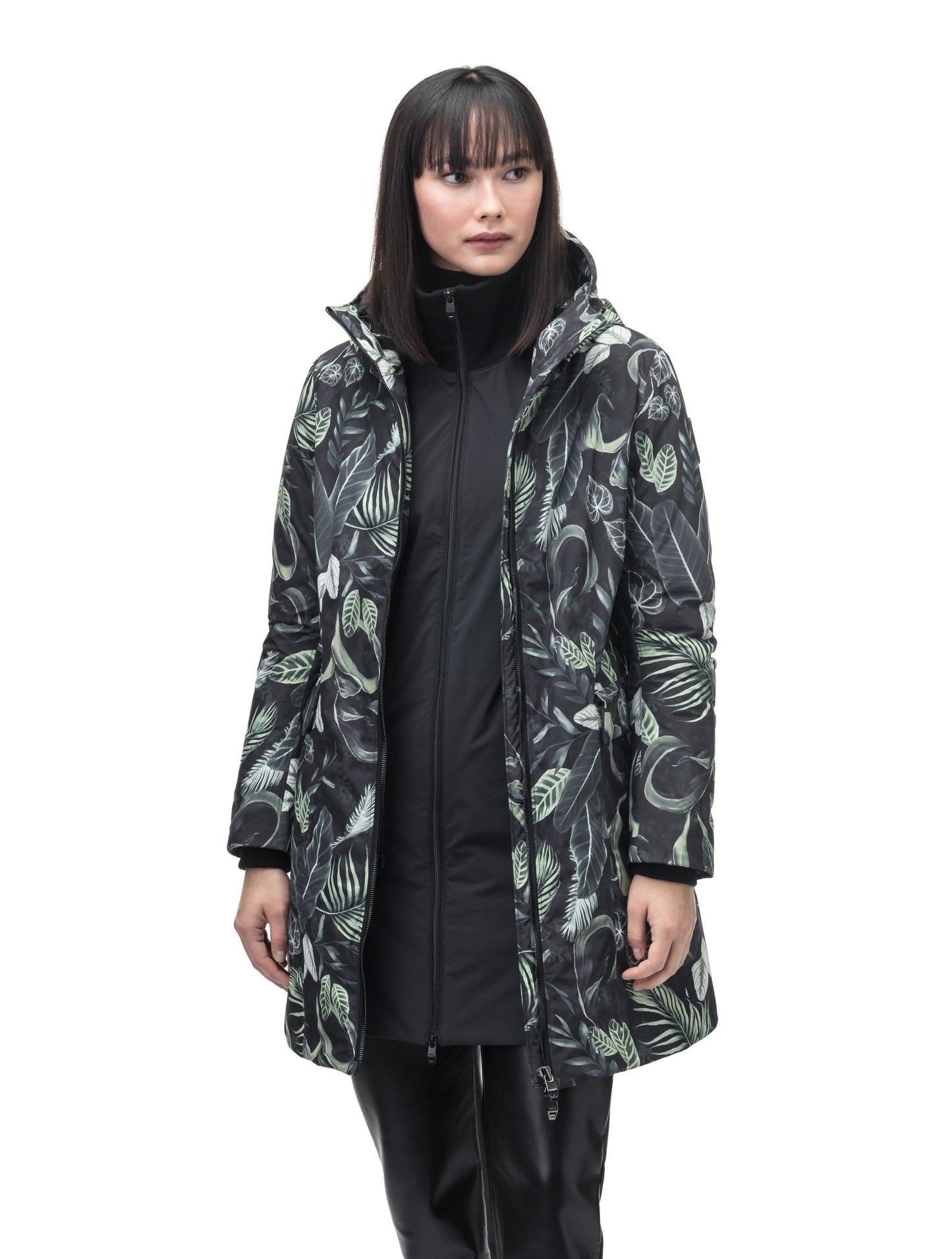 Romeda Furless Ladies Mid Thigh Parka in thigh length, Canadian duck down insulation, non-removable hood, and two-way front zipper, in Foliage