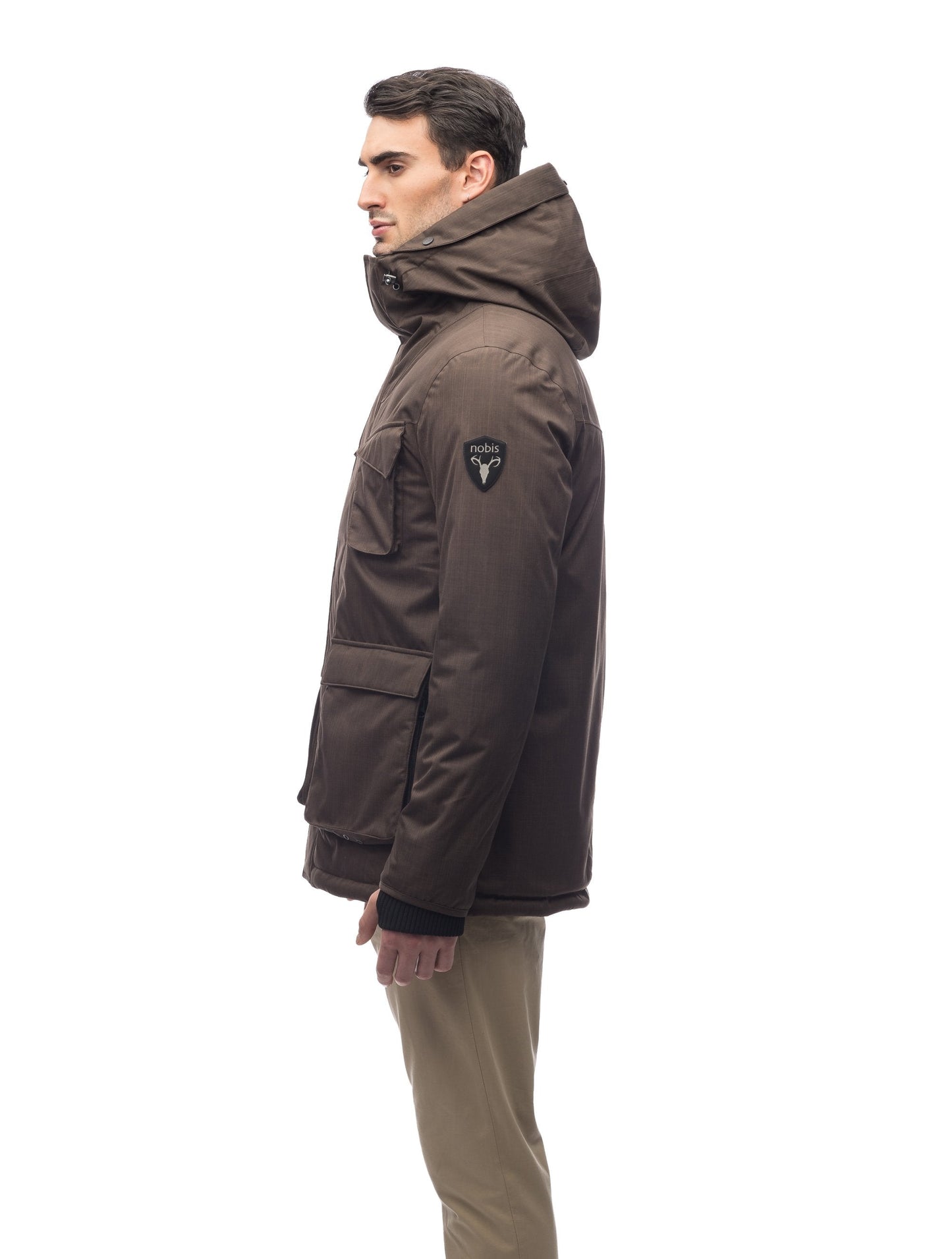 Waist length men's down filled parka with four patch pockets in CH Brown