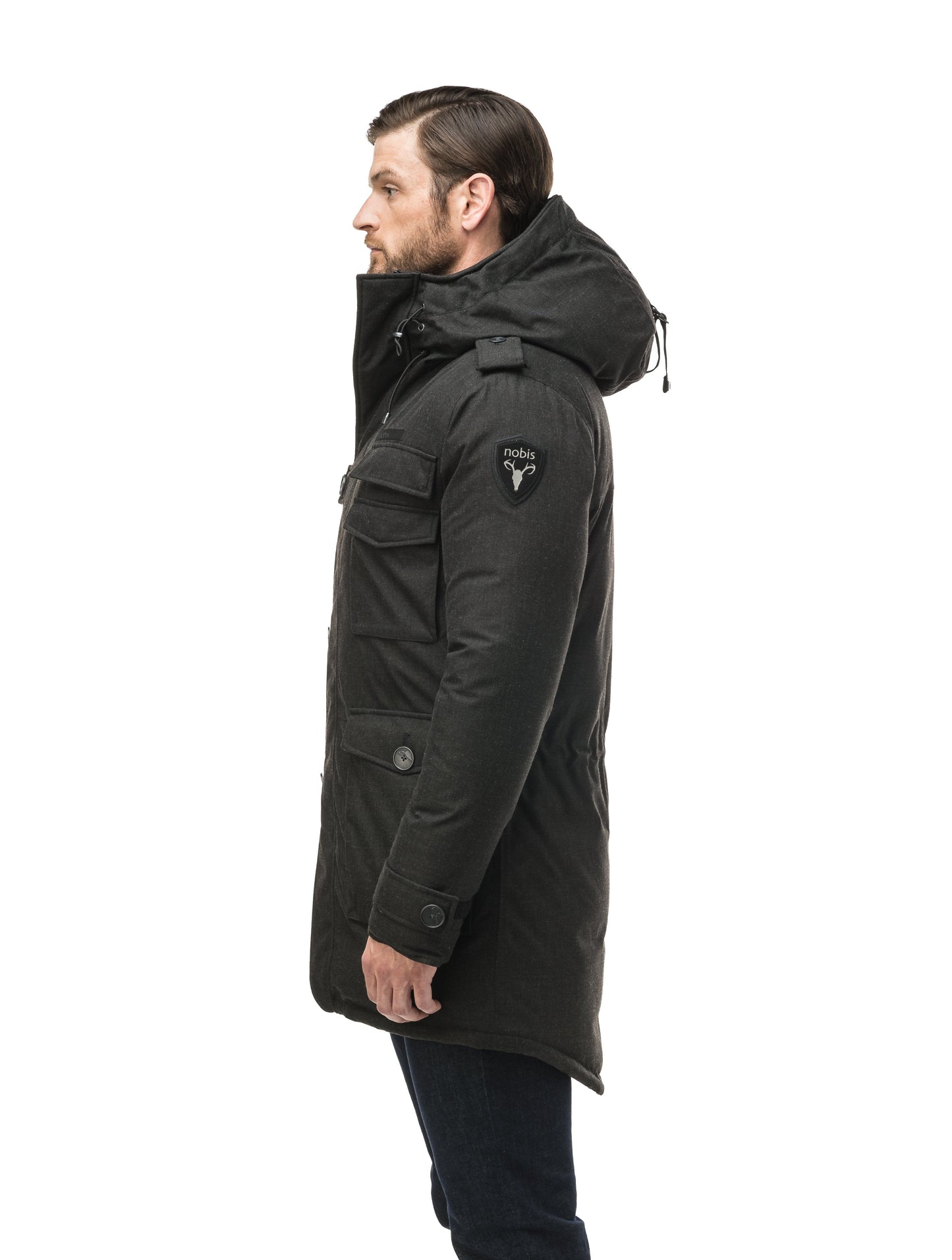 Men's down filled parka with faux button magnet closures and fur free hood with a fishtail hemline in H. Black