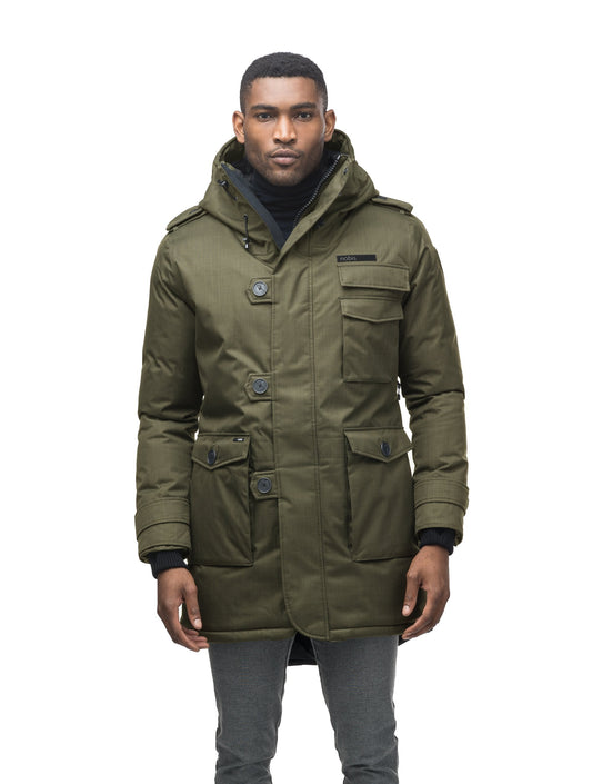 Men's down filled parka with faux button magnet closures and fur free hood with a fishtail hemline in CH Army Green
