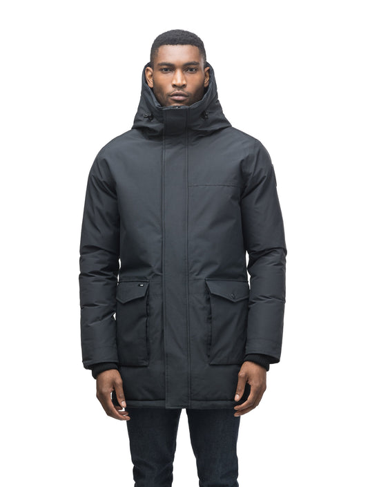 Men's lightweight thigh length down filled parka in Black