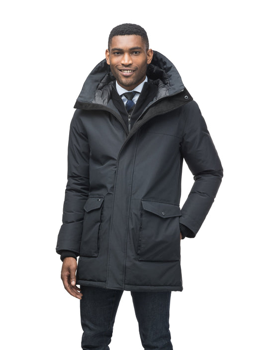 Men's lightweight thigh length down filled parka in Black