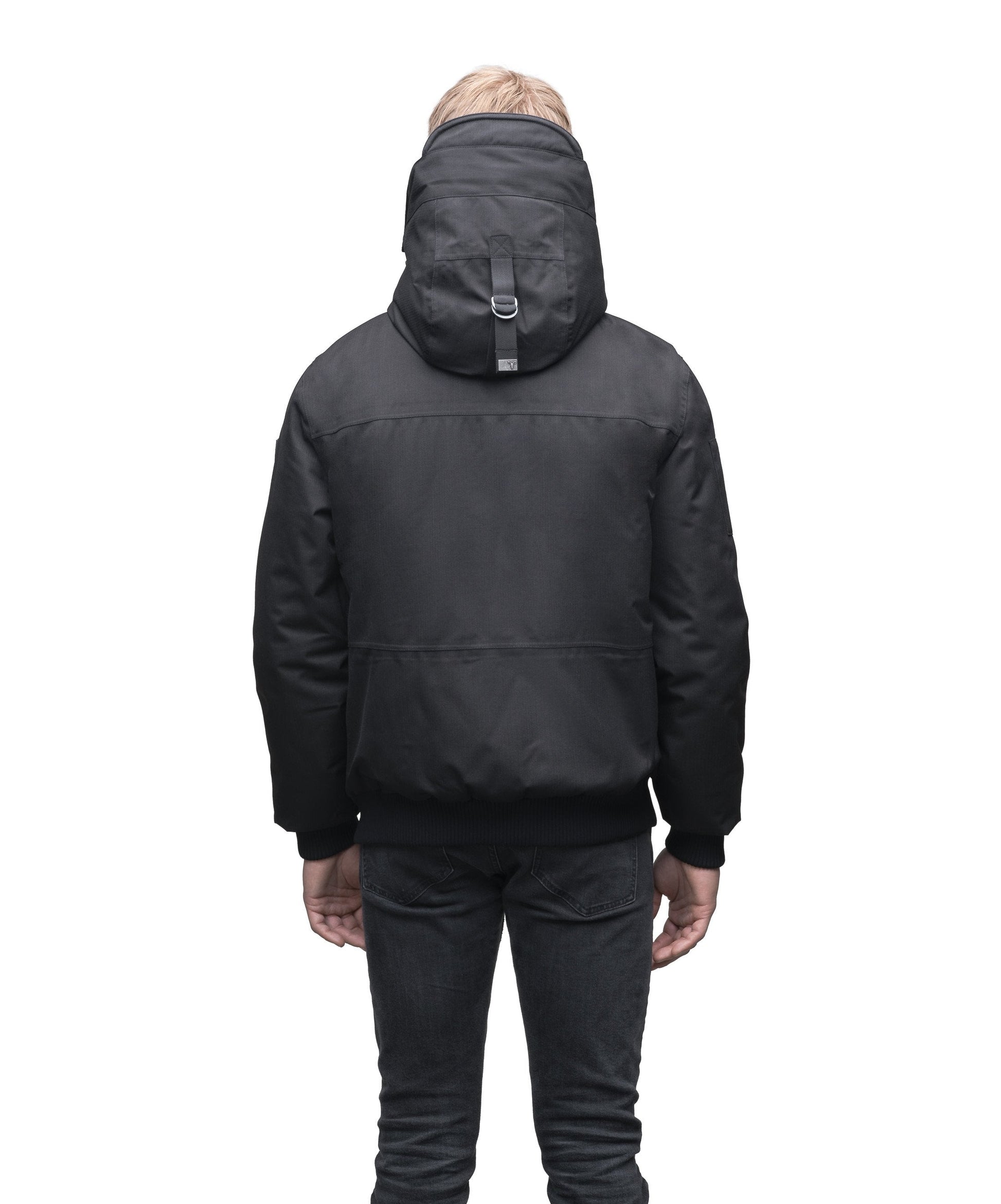 Men's sleek down filled bomber jacket with clean details and a fur free hood in CH Black