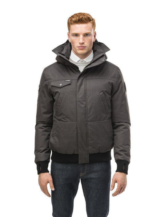 Men's sleek down filled bomber jacket with clean details and a fur free hood in CH Steel Grey