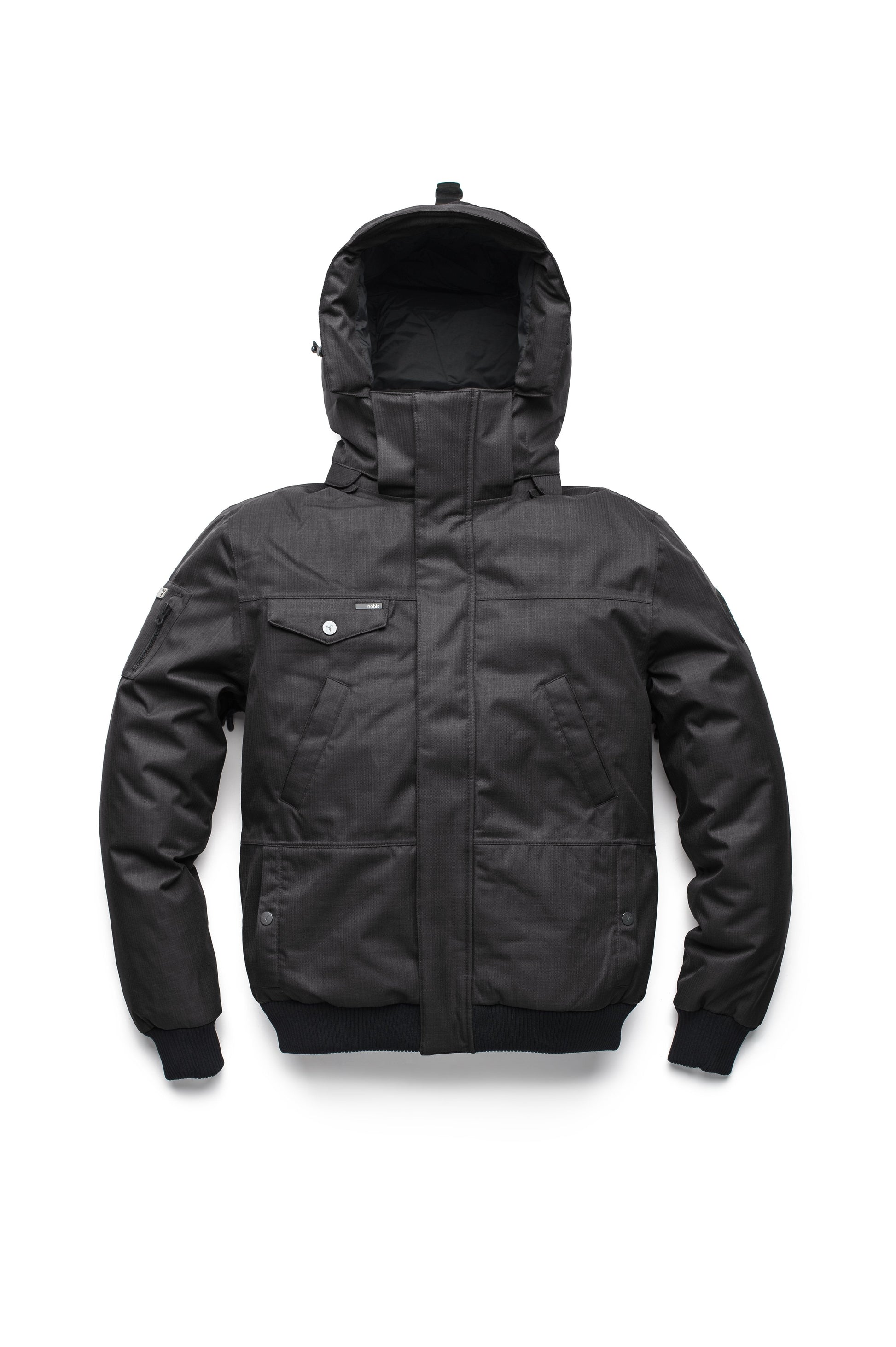 Men's sleek down filled bomber jacket with clean details and a fur free hood in CH Black