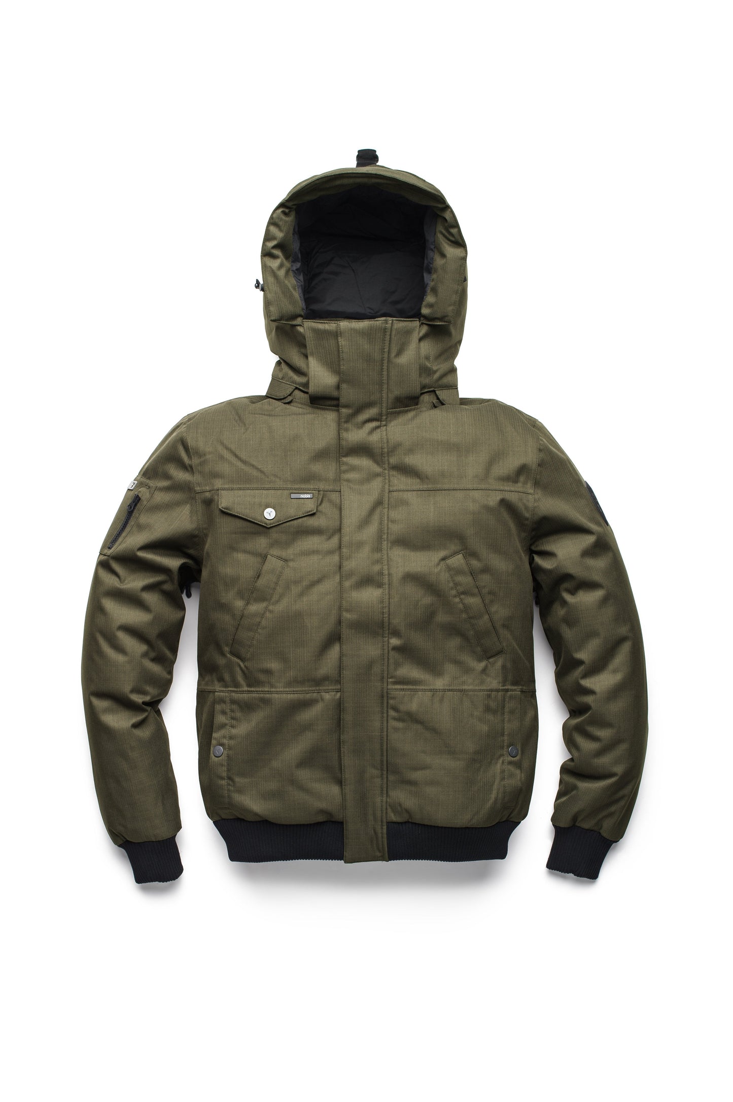 Men's sleek down filled bomber jacket with clean details and a fur free hood in CH Fatigue
