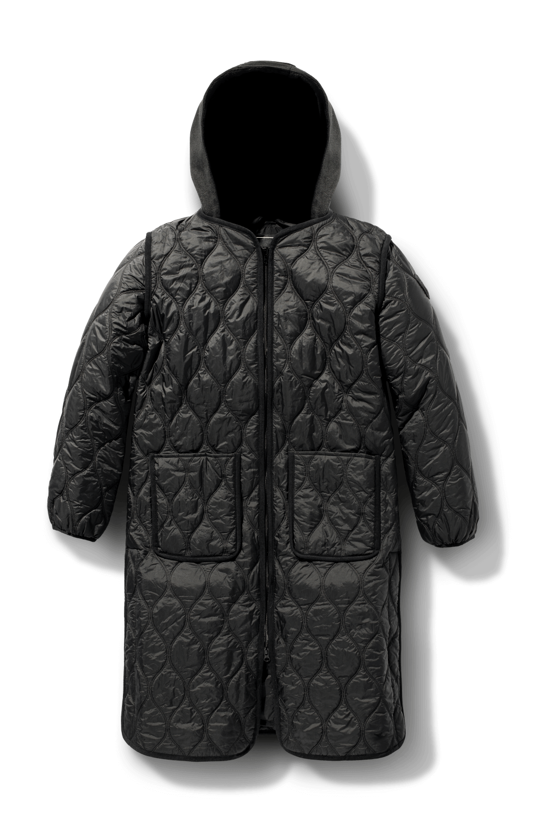 Lunar New Year Ladies Quilted Long Jacket in knee length, sustainable and environmentally friendly Primaloft Gold Insulation Active+, with removable fleece hood, two-way front zipper, two waist patch pockets, and diamond quilted body, in Black