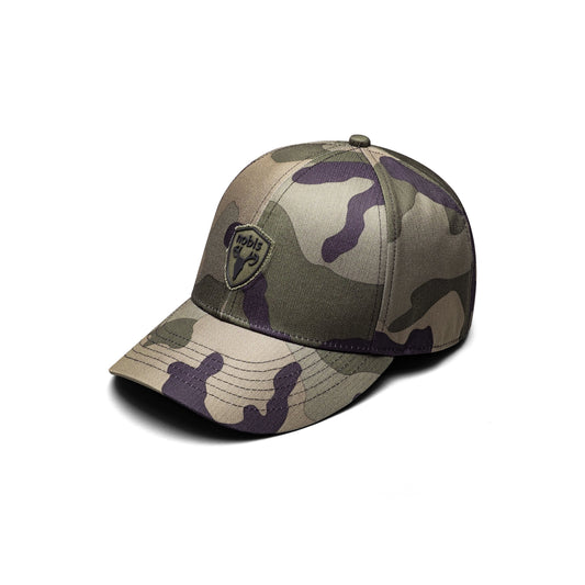 Classic ball cap with the Nobis crest on the front panel in Camo