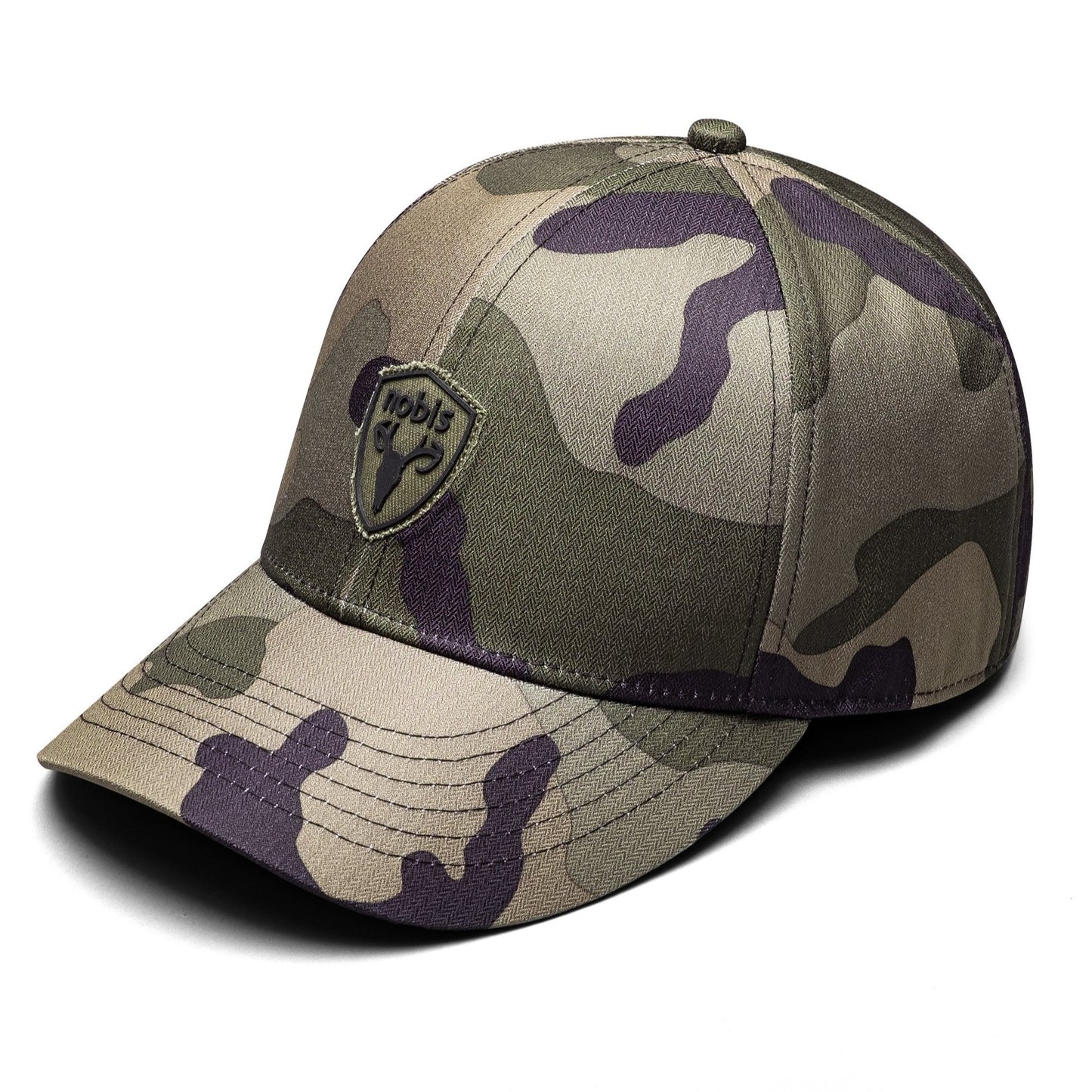 Classic ball cap with the Nobis crest on the front panel in Camo