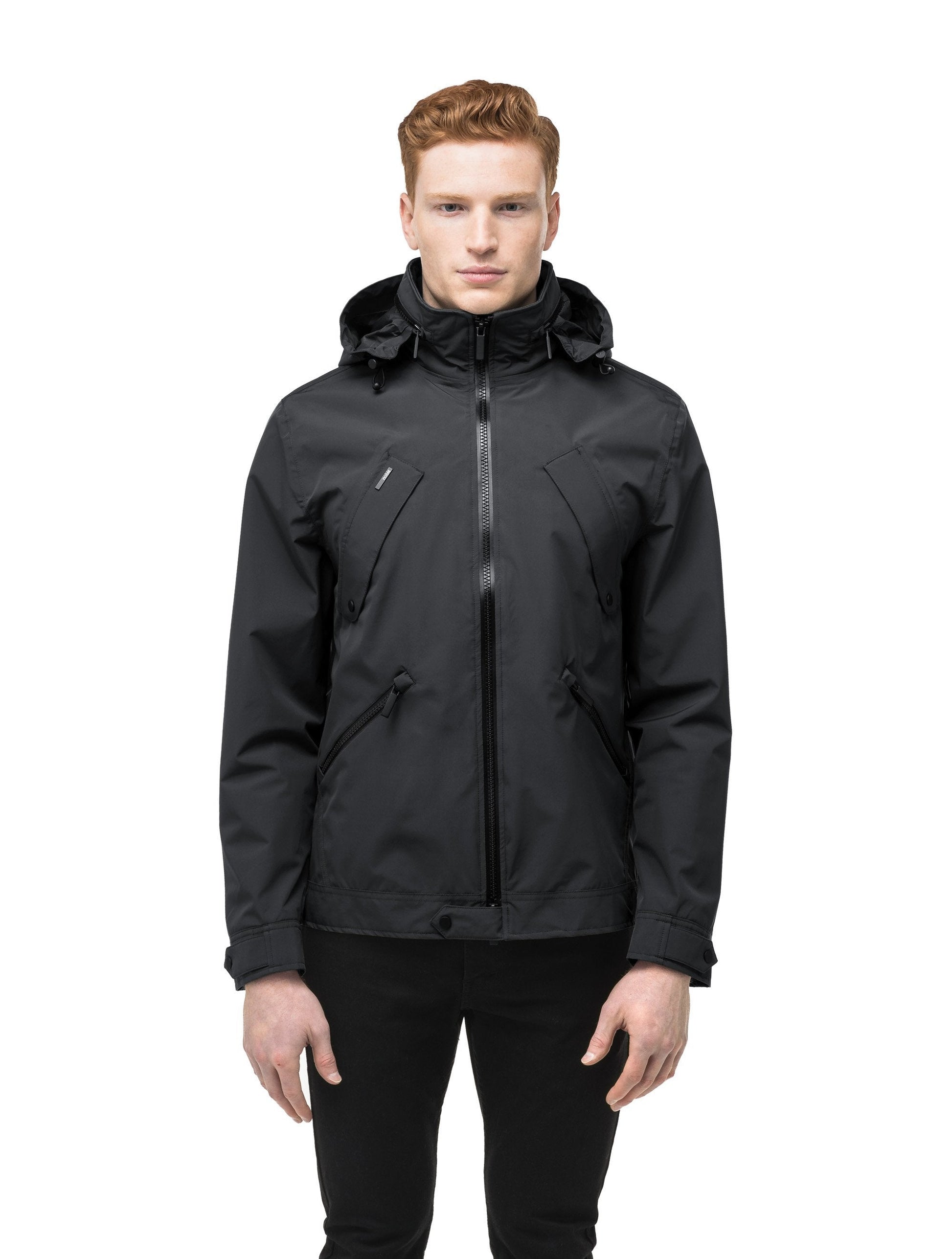 Men's waist length waterproof jacket with exposed zipper in Black