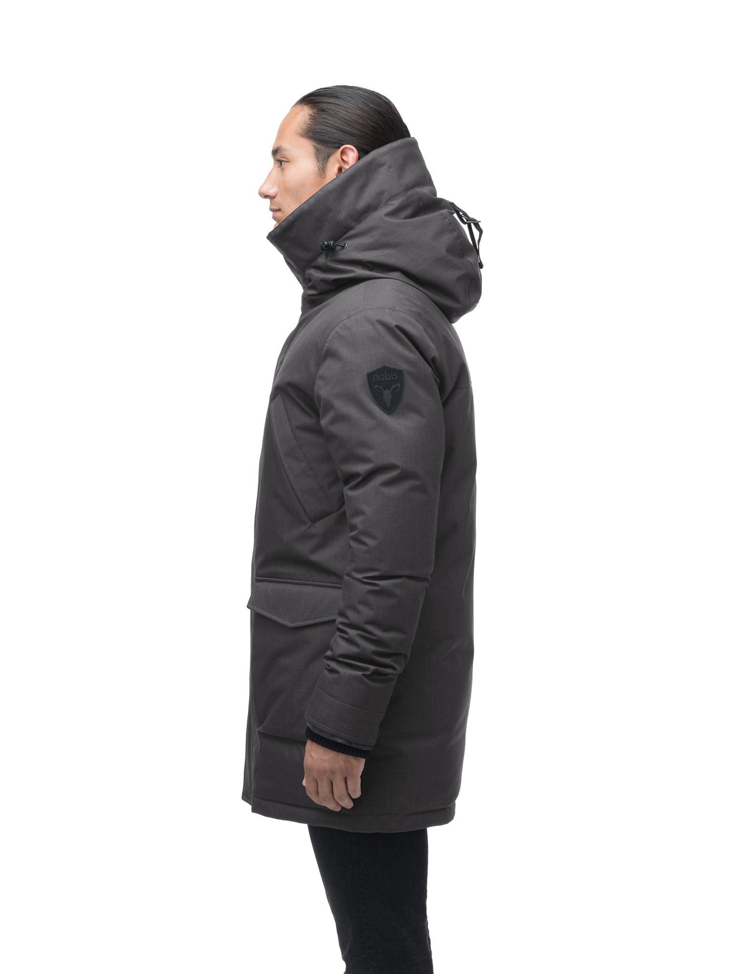 Men's thigh length down-filled parka with non-removable hood in Steel Grey