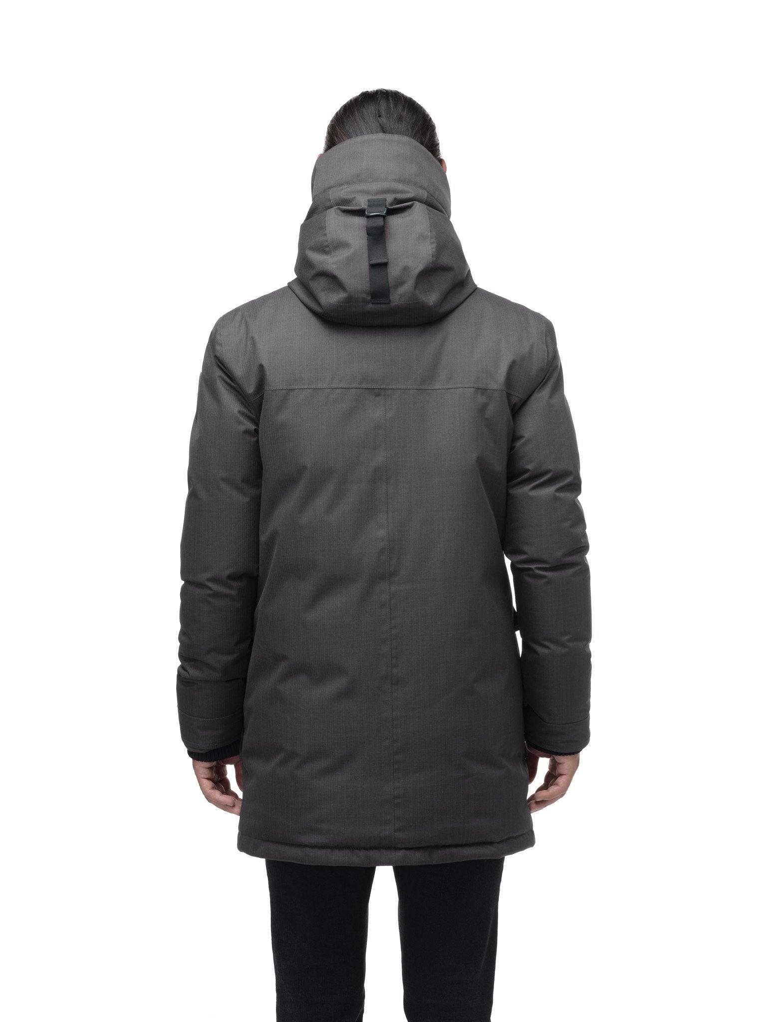 Men's thigh length down-filled parka with non-removable hood in Steel Grey