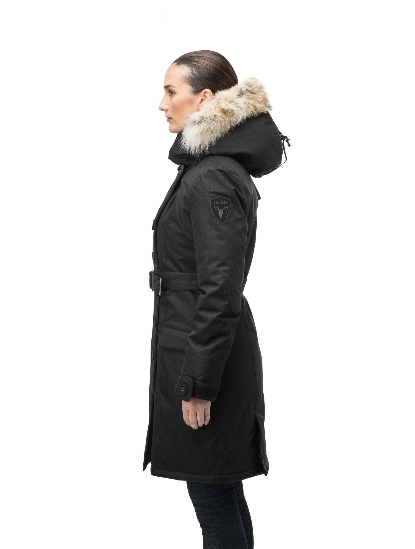 Women's down filled double breasted peacoat with a belted waist in CH Black