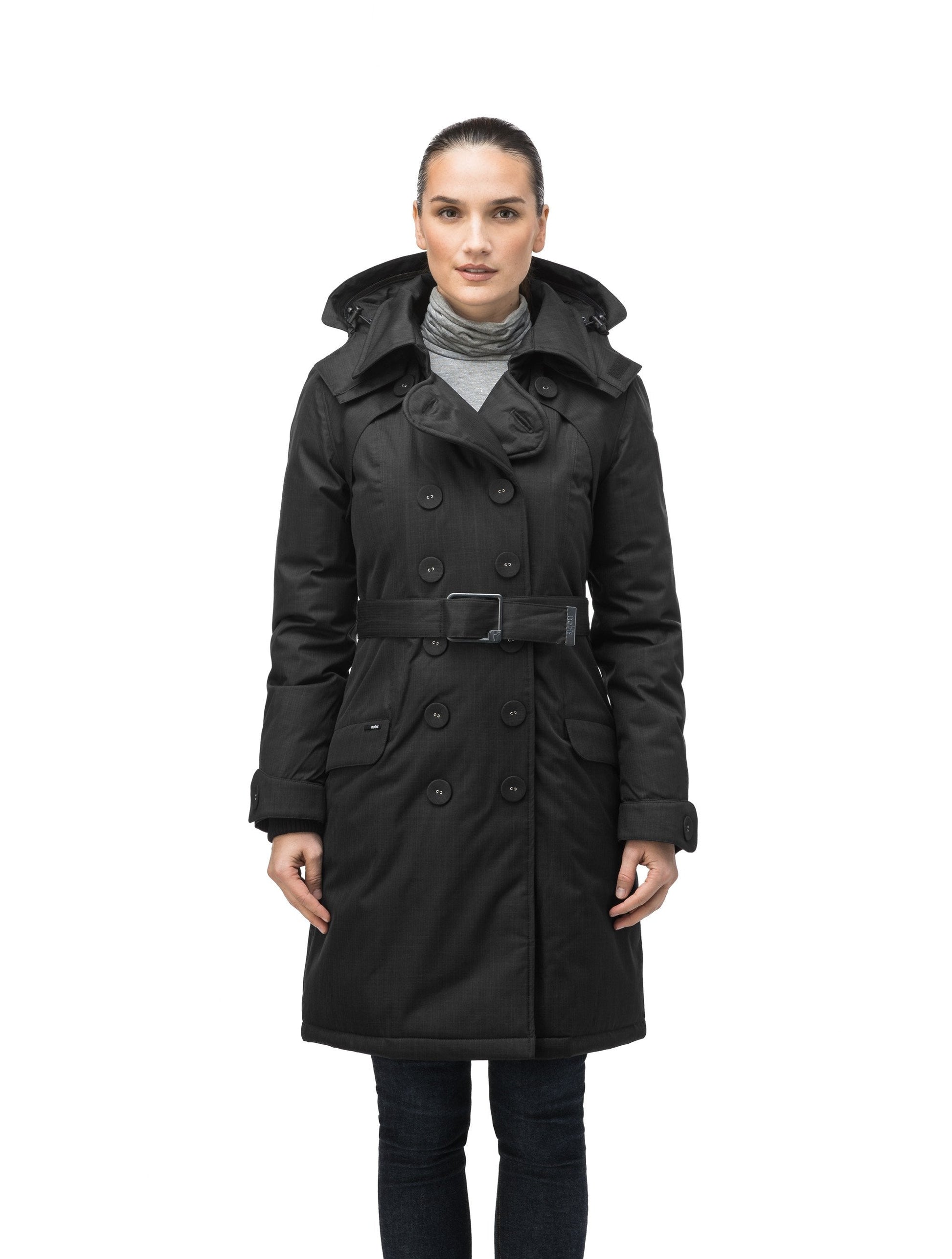 Women's down filled double breasted peacoat with a belted waist in CH Black