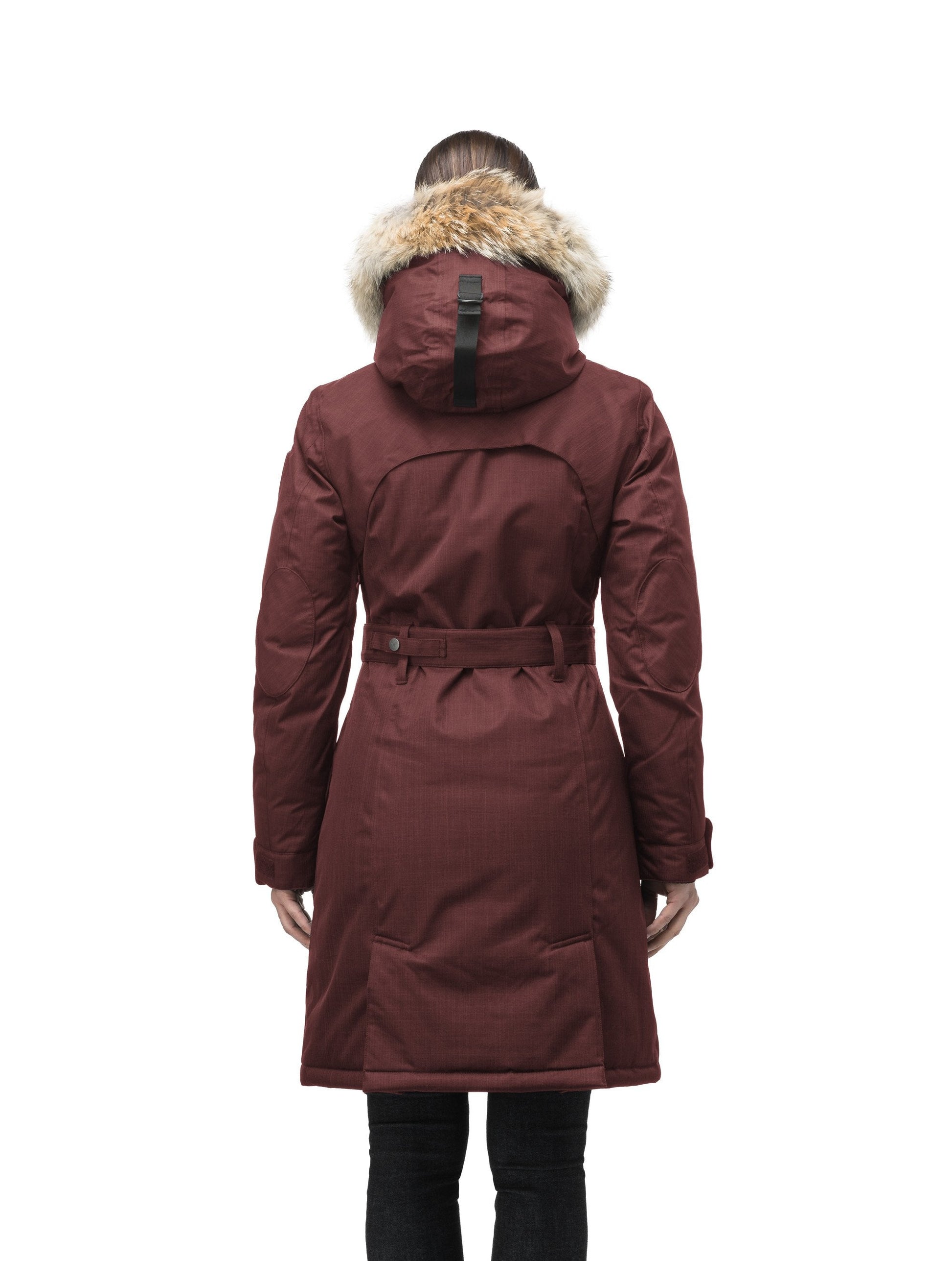 Women's down filled double breasted peacoat with a belted waist in CH Red Rum