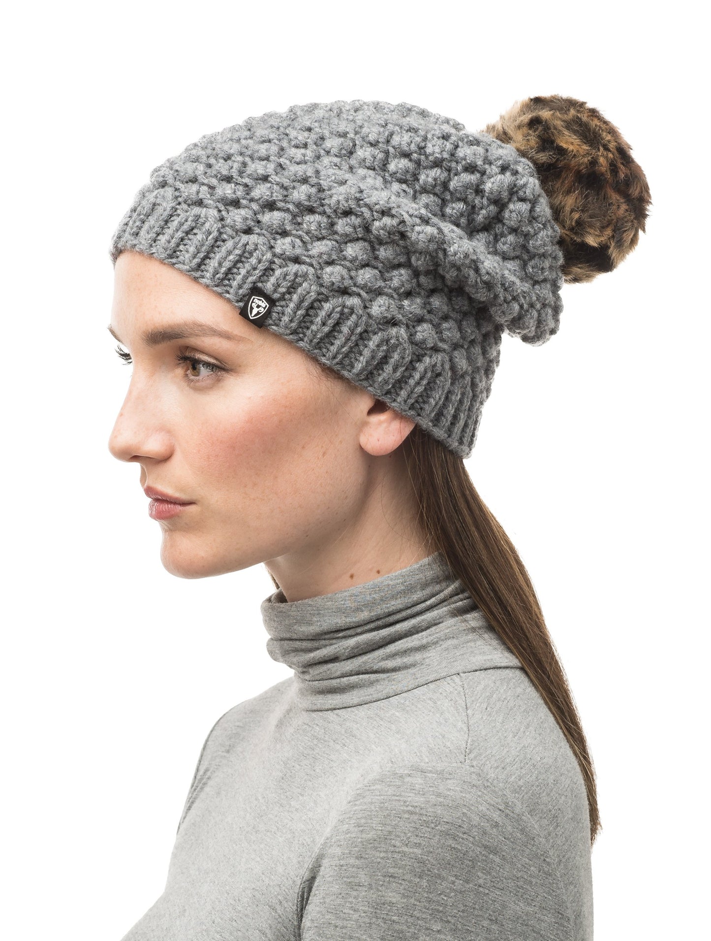 Heather Grey bulk knit toque with faux fur pom pom on top