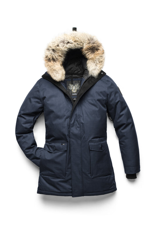 Men's slim fitting waist length parka with removable fur trim on the hood and two waist patch pockets in CH Navy